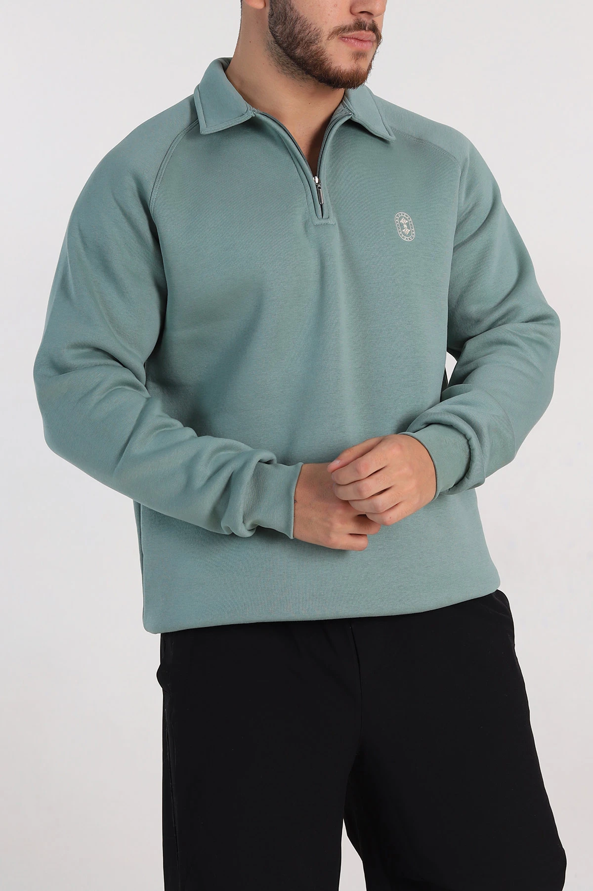 Su Yeşili Relaxed Fit Üç İp Şardonlu Fermuarlı Polo Yaka Erkek