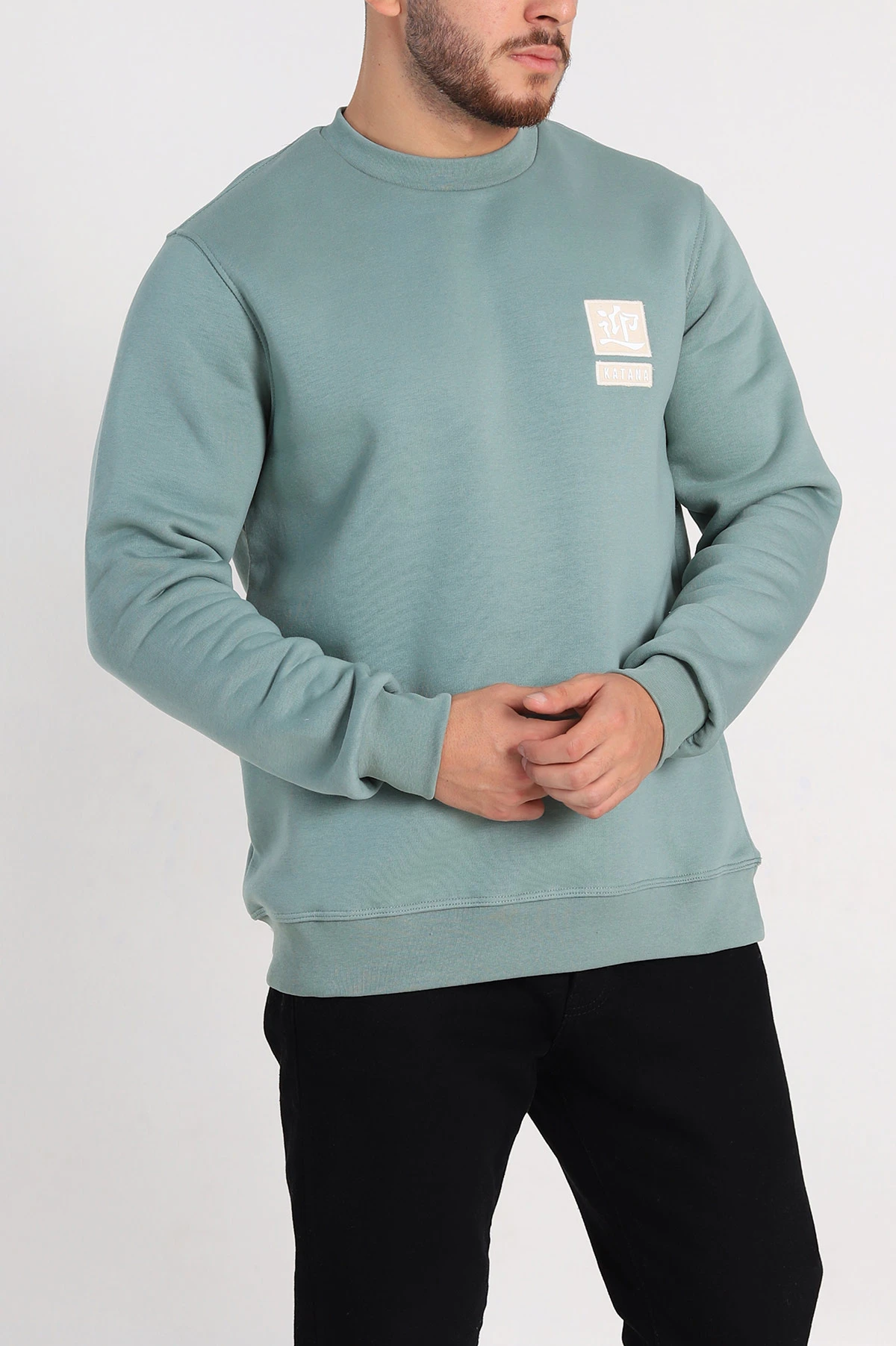 Su Yeşili Relaxed Fit Üç İp Şardonlu Kabartma Detaylı Erkek Sweatshirt 309880