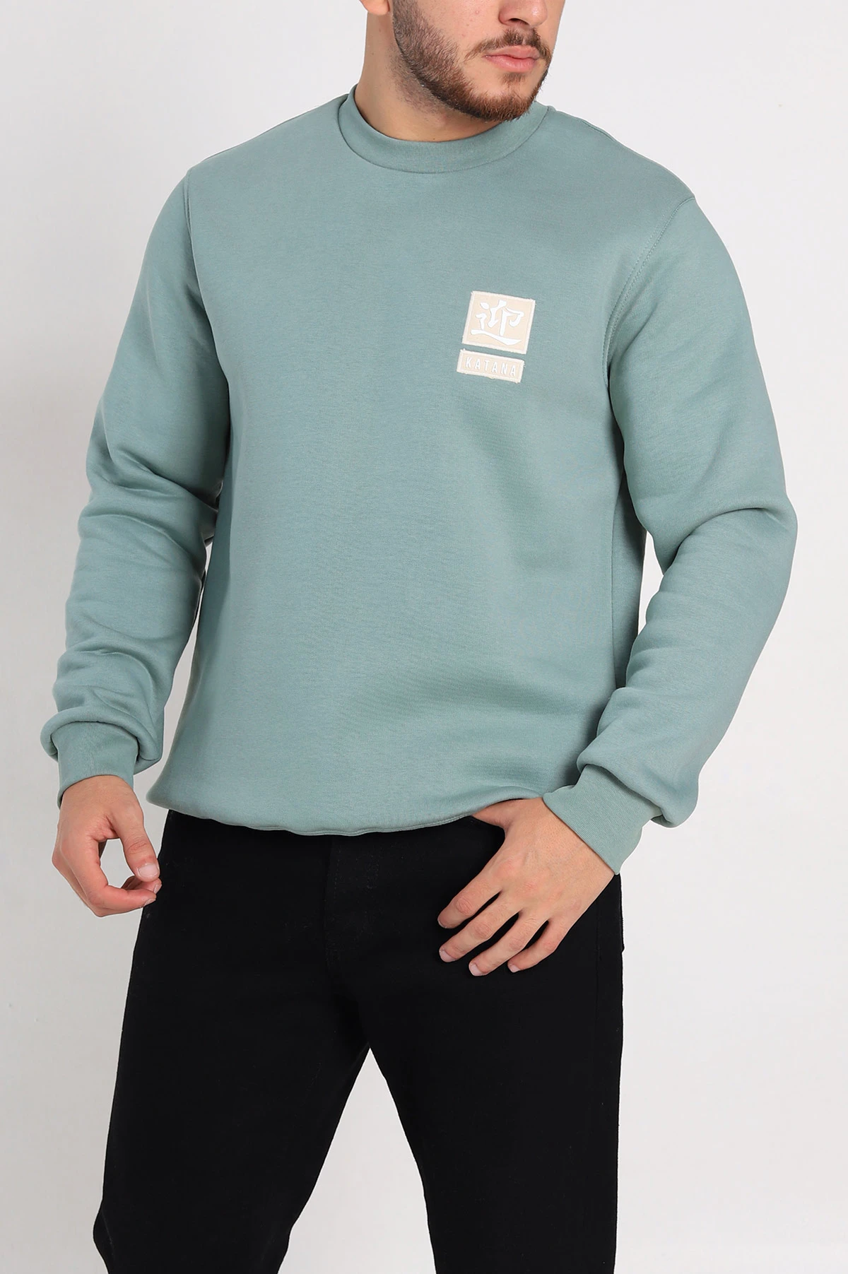 Su Yeşili Relaxed Fit Üç İp Şardonlu Kabartma Detaylı Erkek Sweatshirt 309880