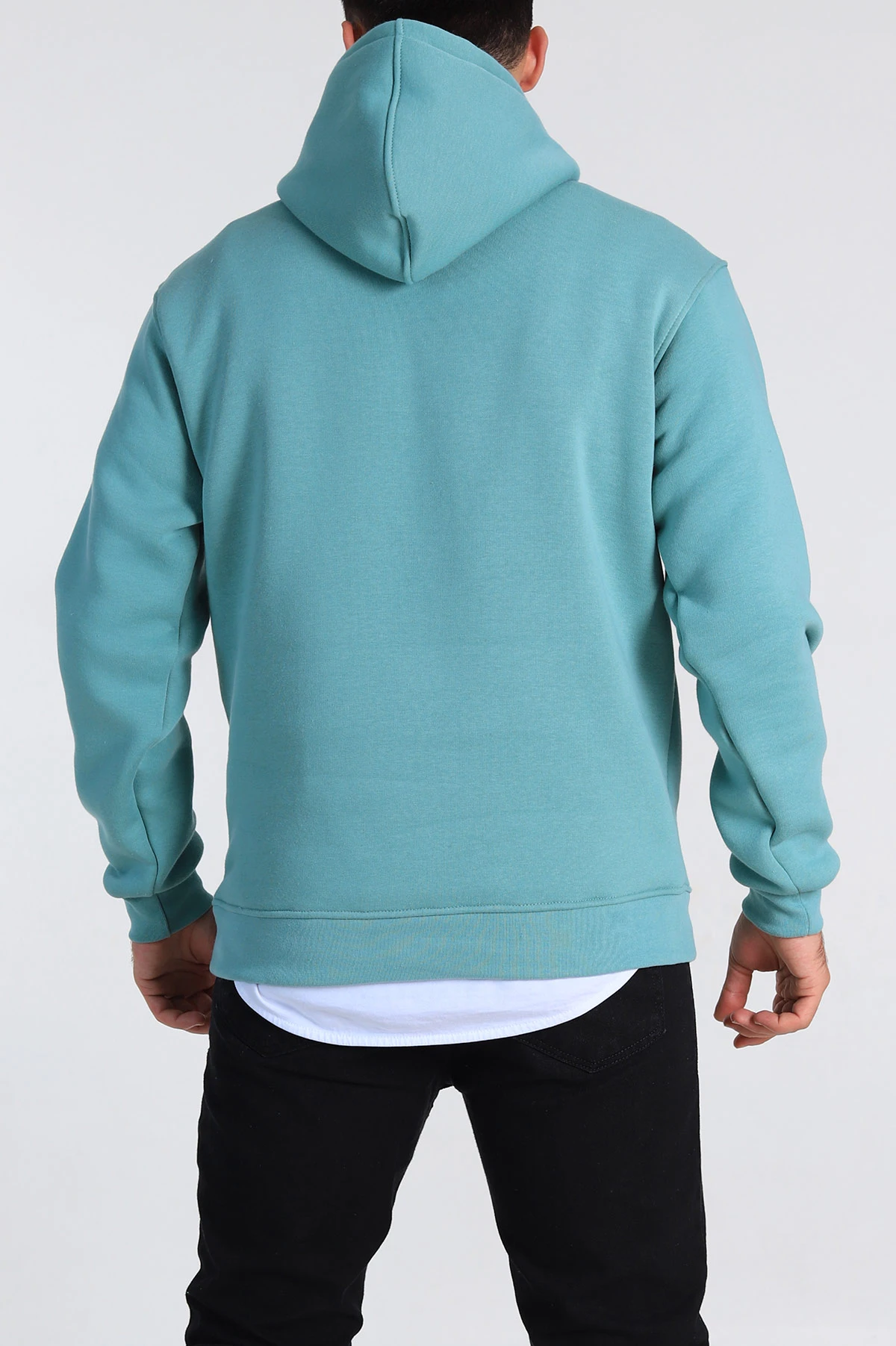 Su Yeşili Relaxed Fit Üç İp Şardonlu Kapüşonlu Basic Erkek Sweatshirt 331523