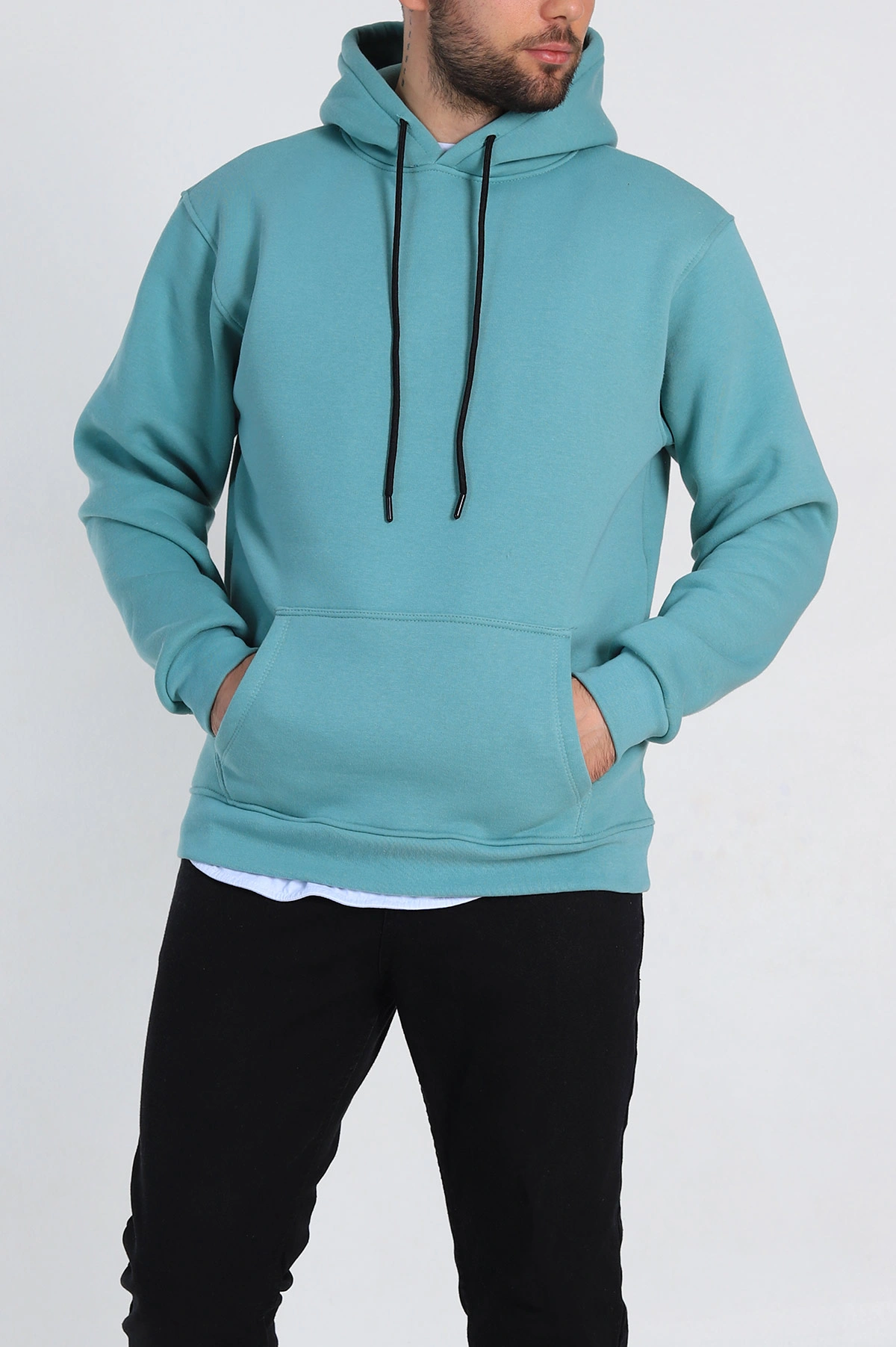 Su Yeşili Relaxed Fit Üç İp Şardonlu Kapüşonlu Basic Erkek Sweatshirt 331523
