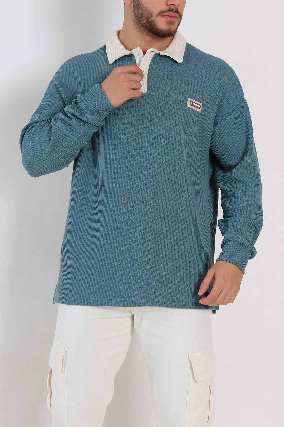 Su Yeşili Releaxed Fit Petek Dokulu Polo Yaka Erkek Sweatshirt 315816