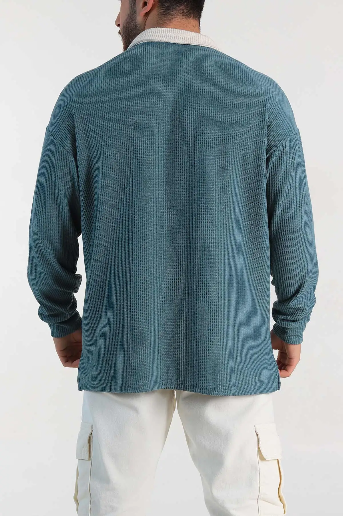 Su Yeşili Releaxed Fit Petek Dokulu Polo Yaka Erkek Sweatshirt 315816