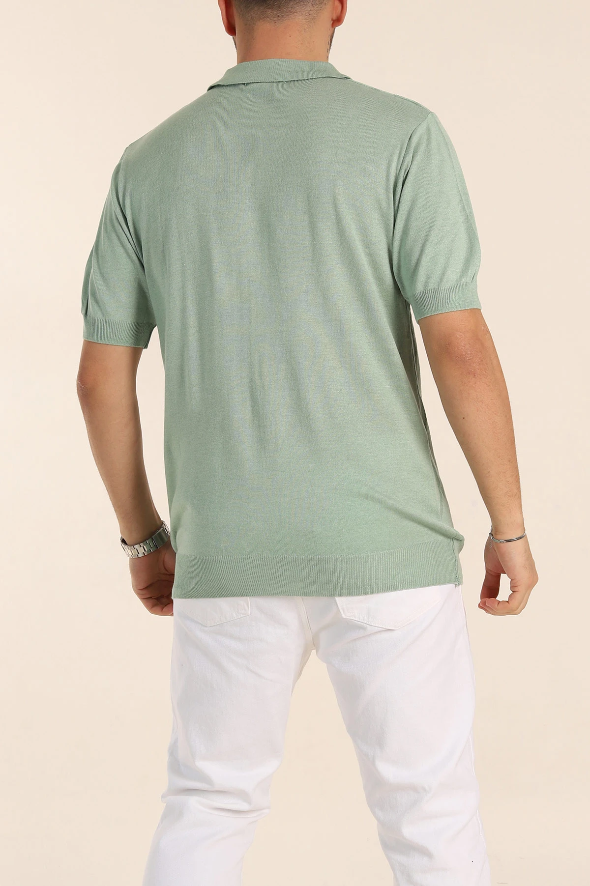 Su Yeşili Slim Fit Baklava Desenli Polo Yaka Kısa Kollu Erkek Triko Tişört 338903
