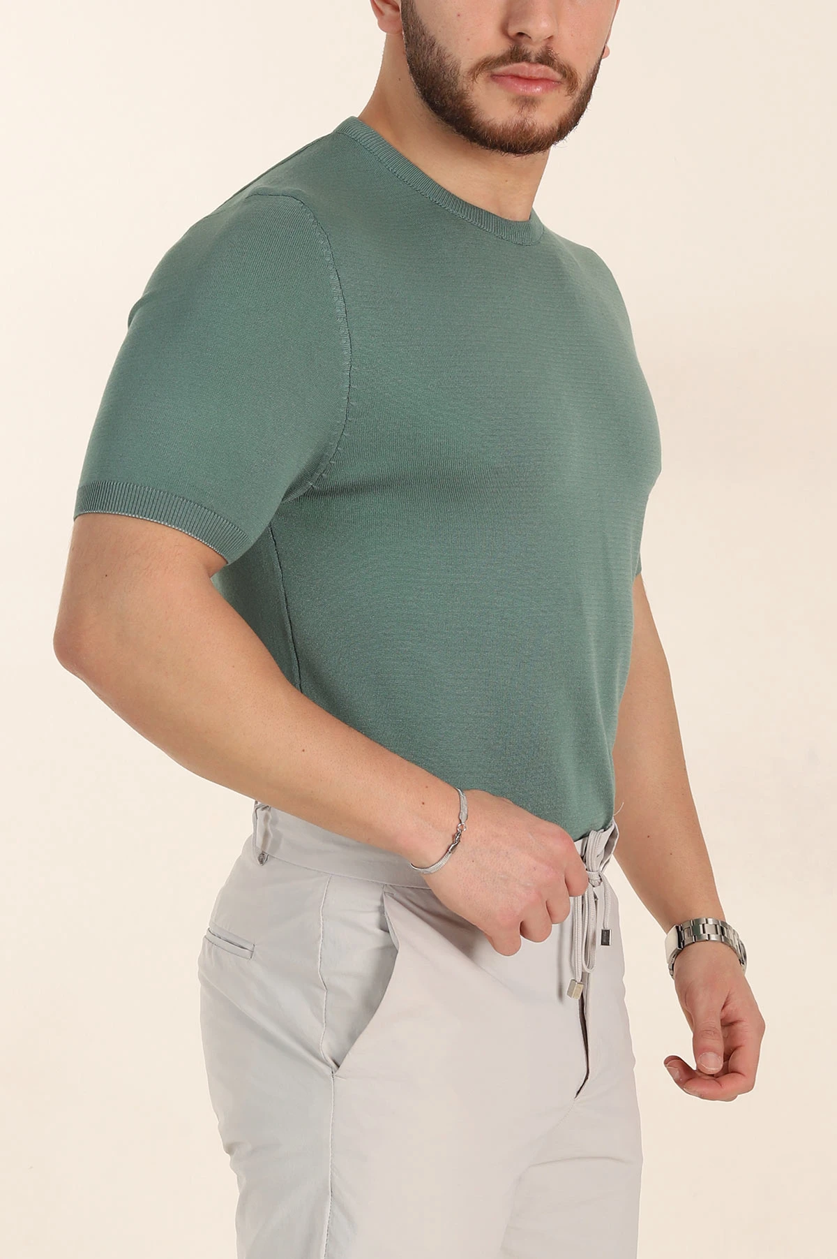 Su Yeşili Slim Fit Basic Kısa Kollu Triko Tişört 338597