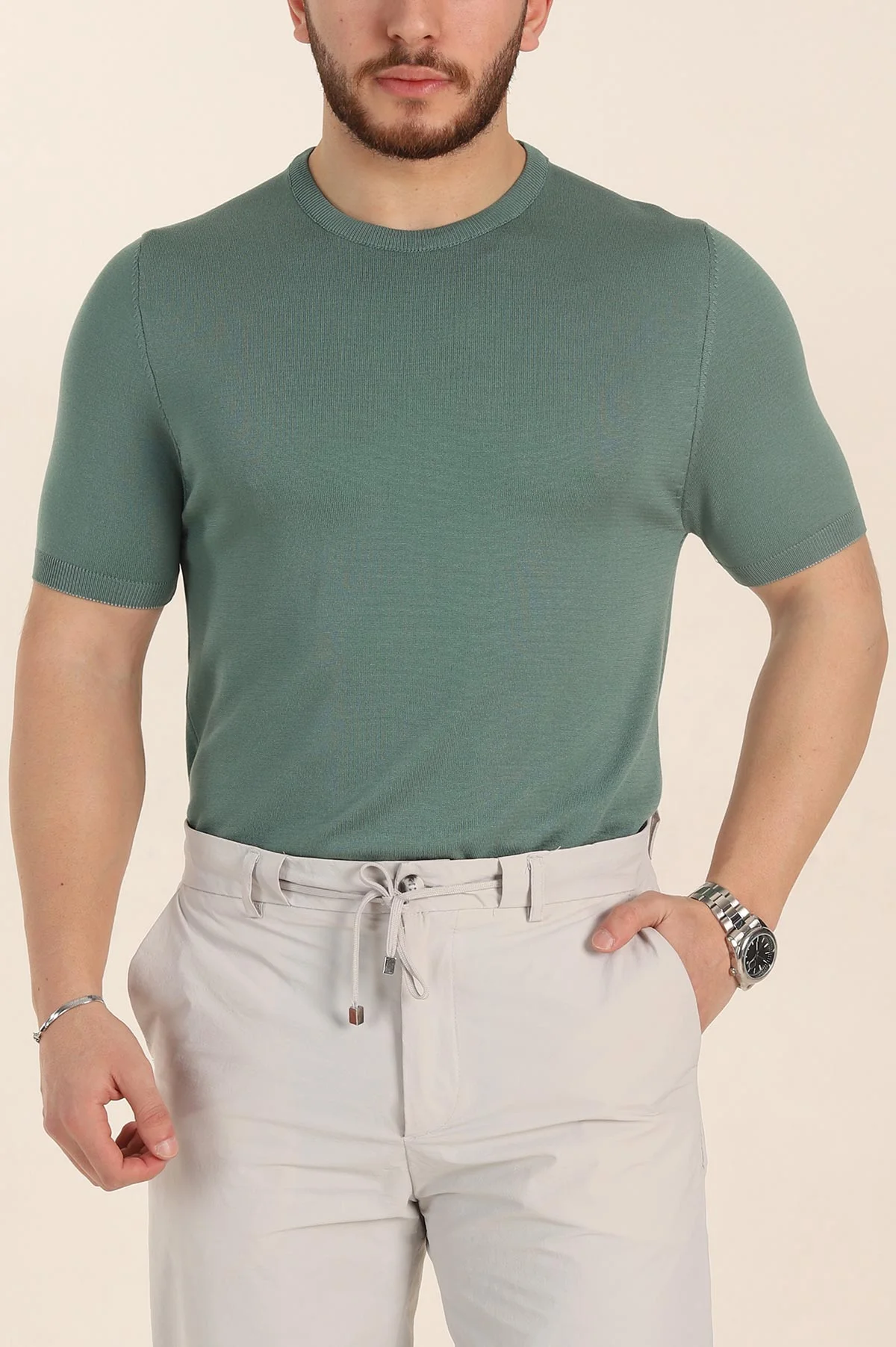 Su Yeşili Slim Fit Basic Kısa Kollu Triko Tişört 338597