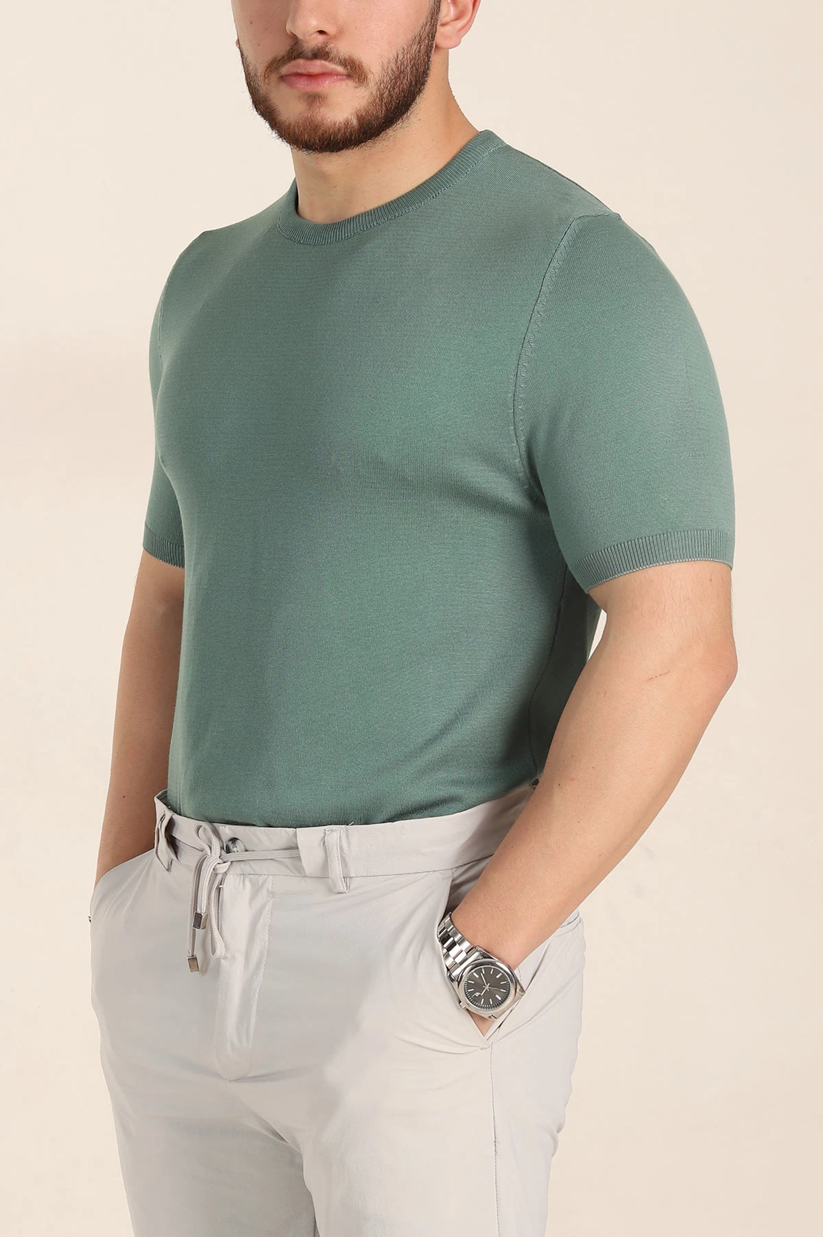 Su Yeşili Slim Fit Basic Kısa Kollu Triko Tişört 338597
