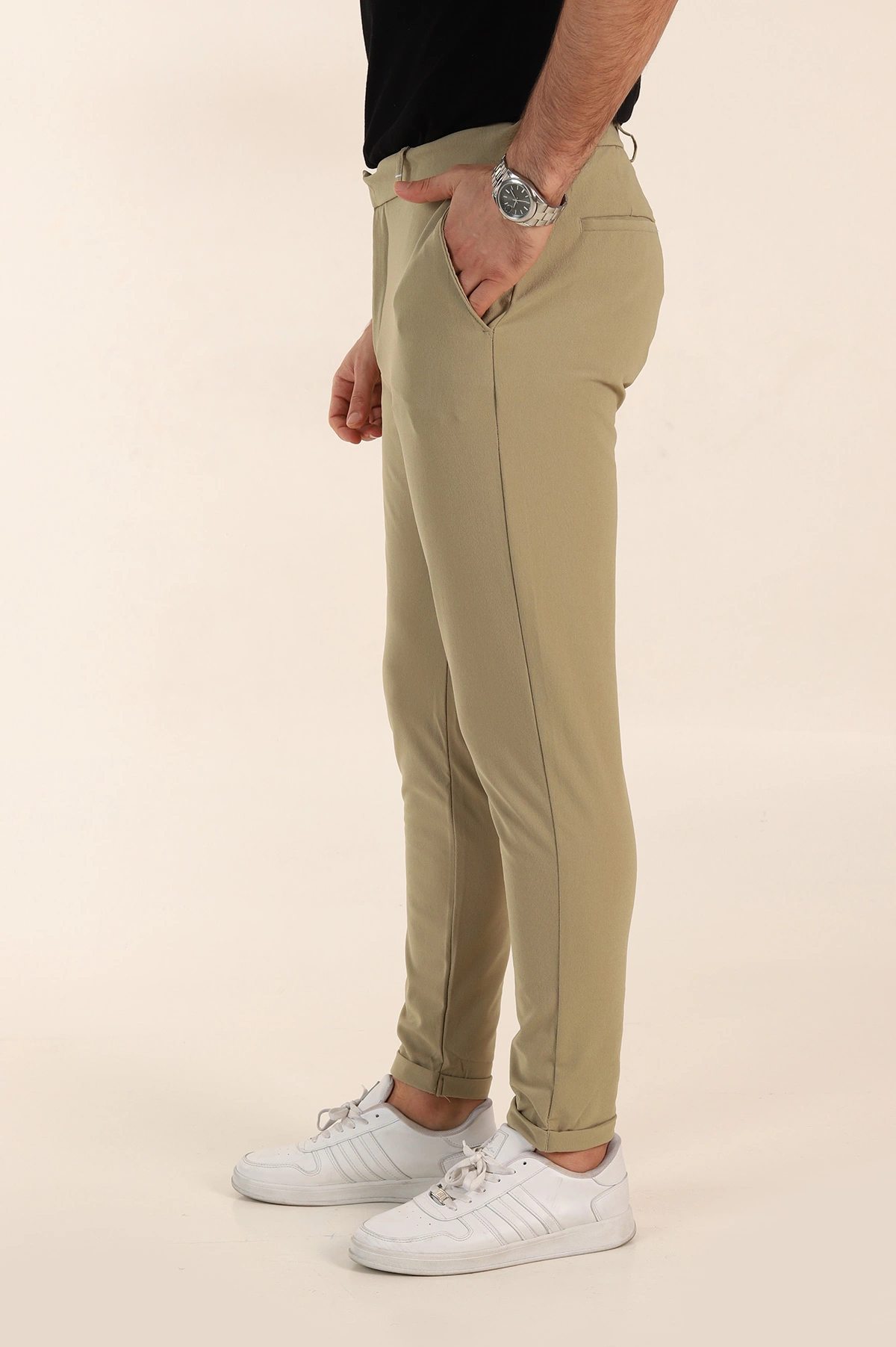 Su Yeşili Slim Fit Bel Arkası Lastikli Duble Paça Erkek Yazlık Kumaş Pantolon 365847