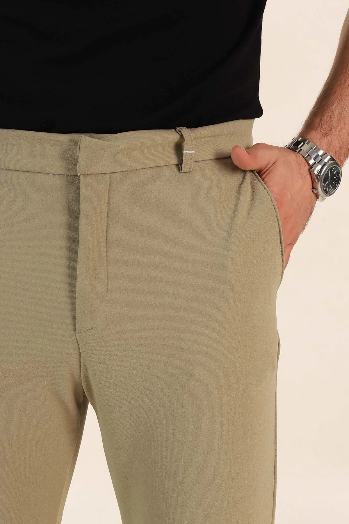 Su Yeşili Slim Fit Bel Arkası Lastikli Duble Paça Erkek Yazlık Kumaş Pantolon 365847
