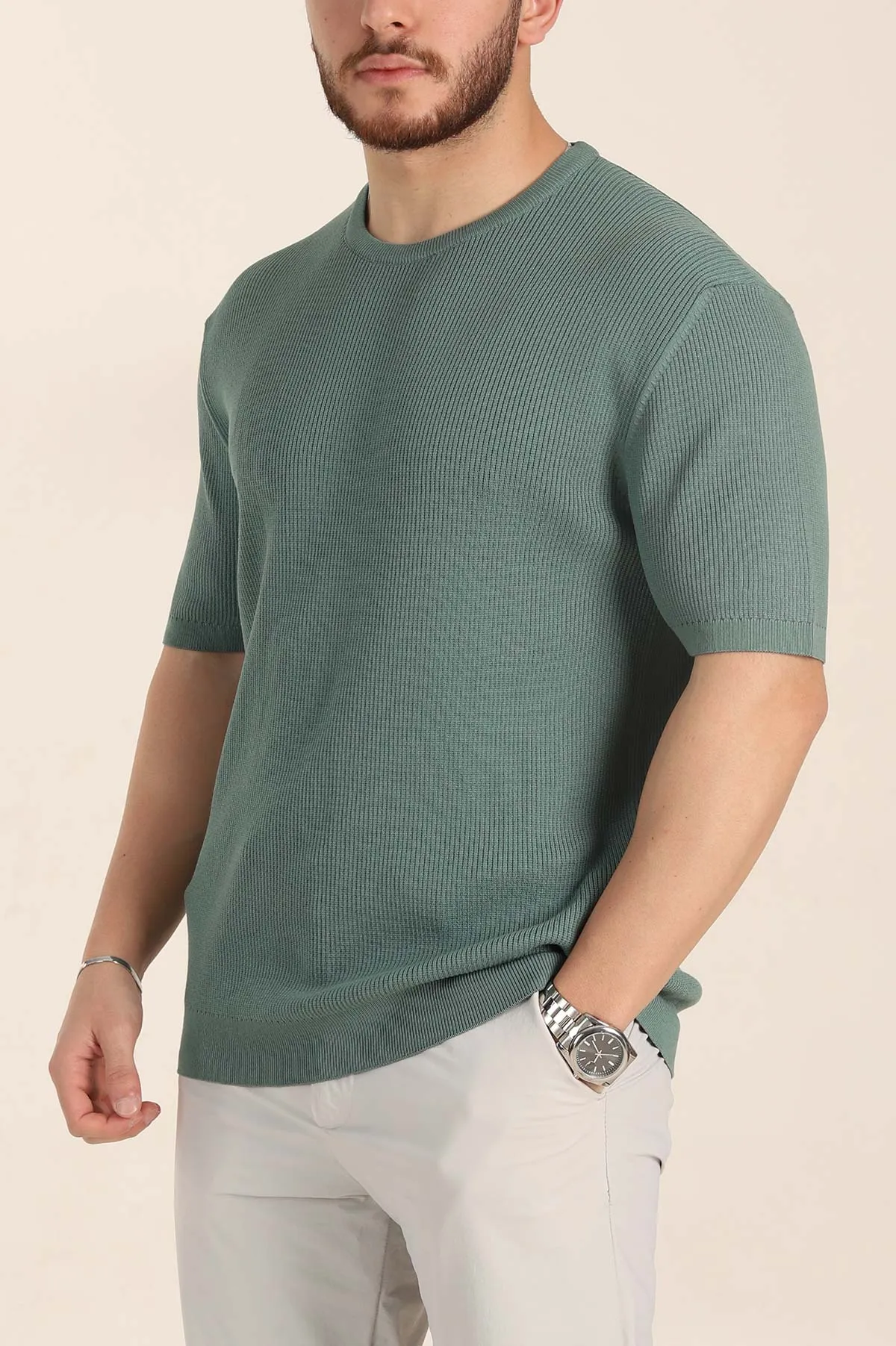 Su Yeşili Slim Fit Dokulu Basic Kısa Kollu Erkek Triko Tişört 338603