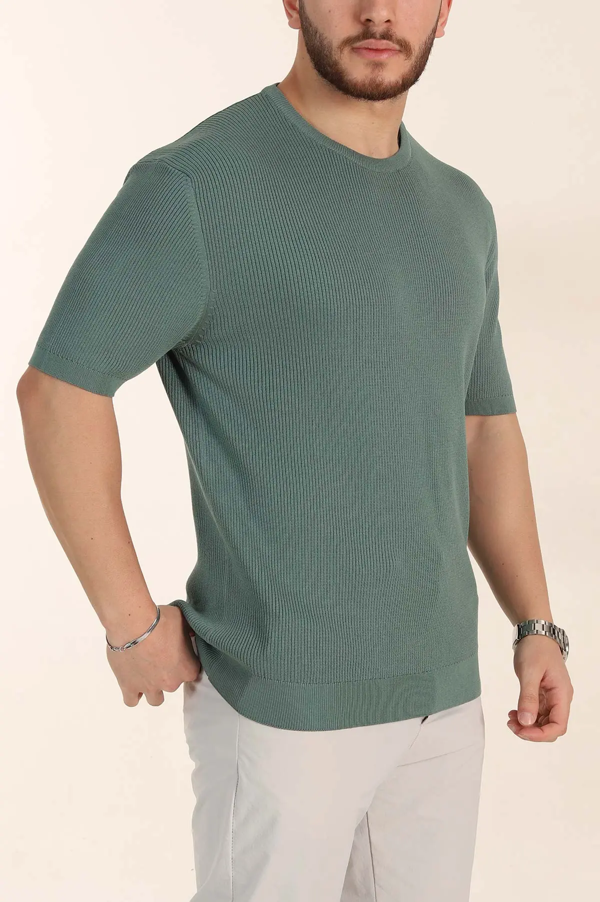 Su Yeşili Slim Fit Dokulu Basic Kısa Kollu Erkek Triko Tişört 338603