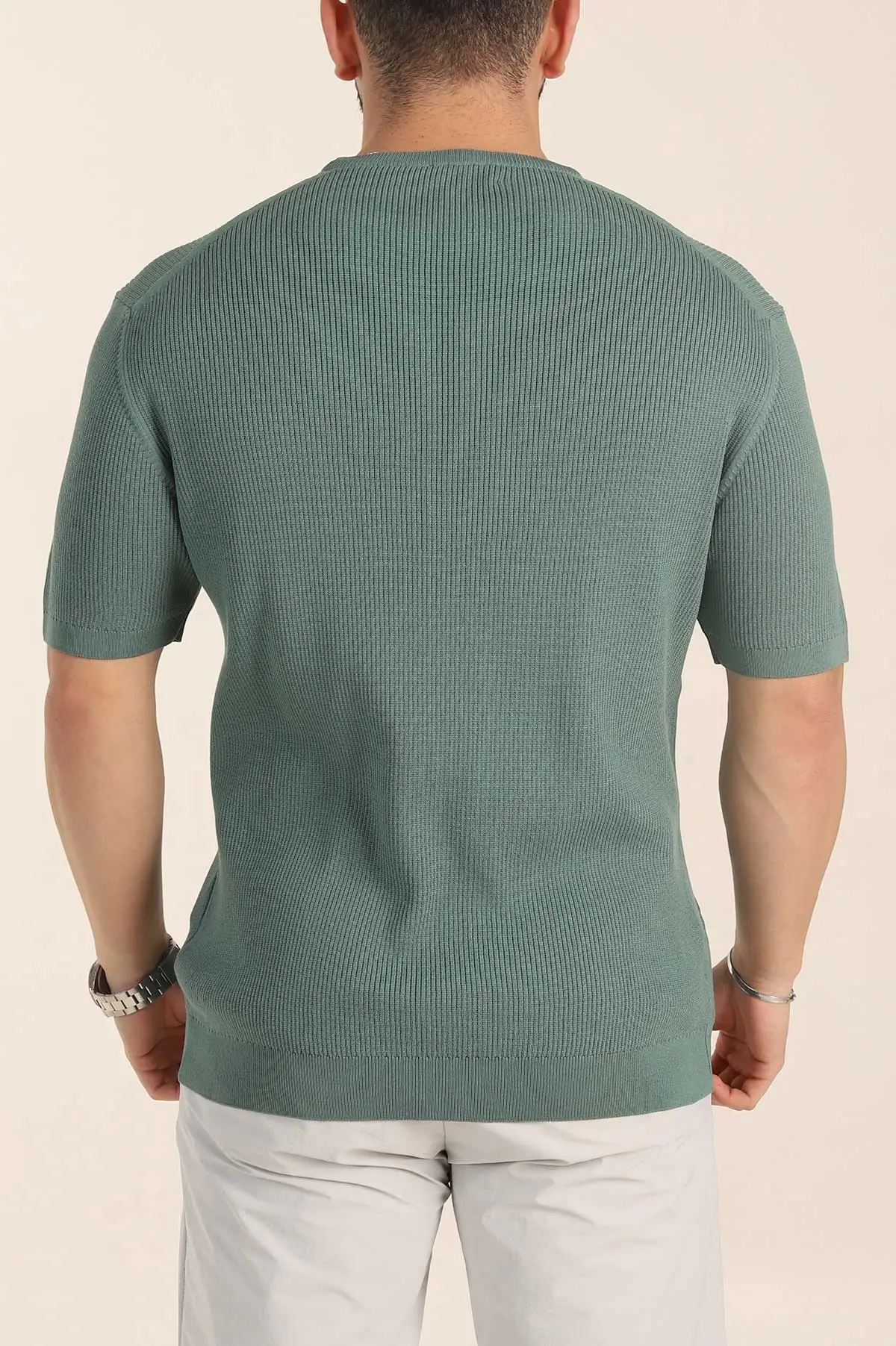 Su Yeşili Slim Fit Dokulu Basic Kısa Kollu Erkek Triko Tişört 338603