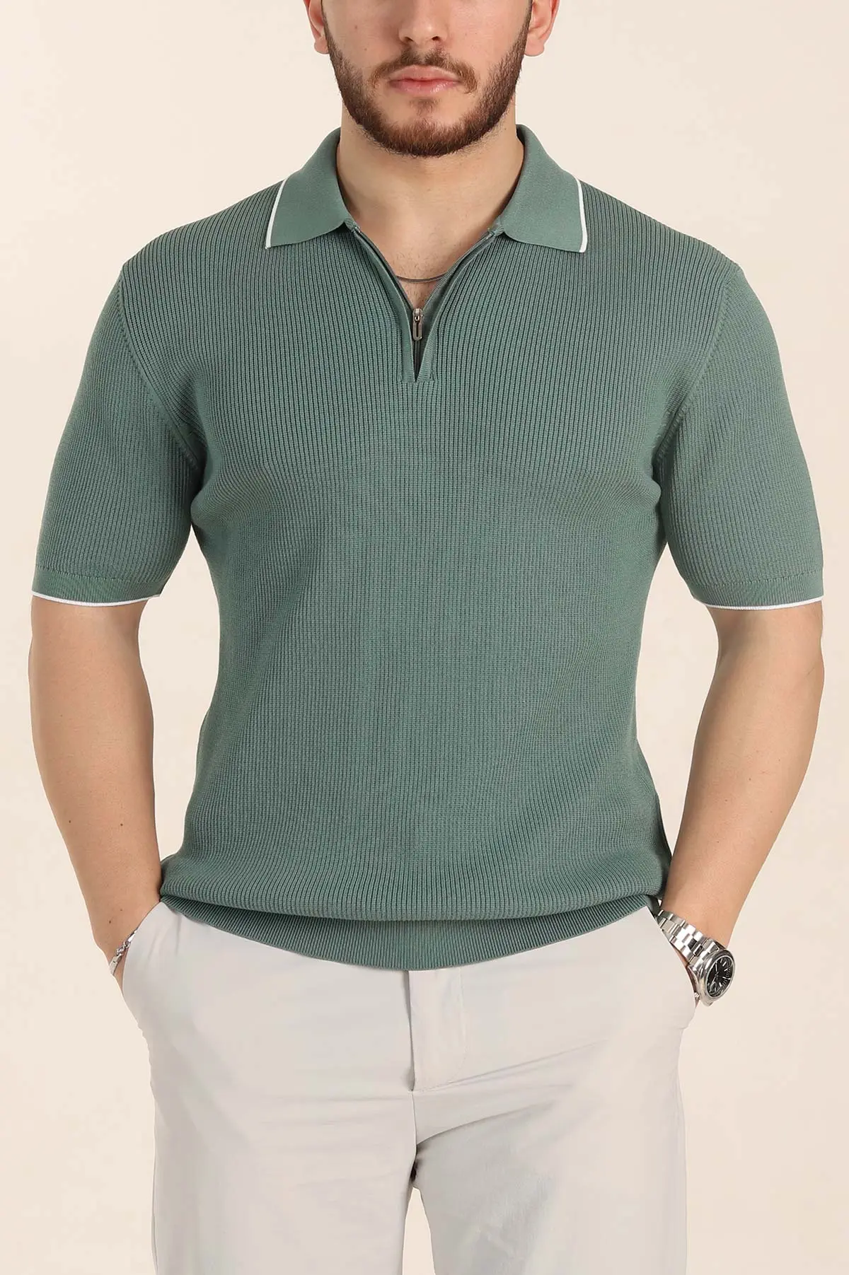 Su Yeşili Slim Fit Dokulu Fermuarlı Polo Yaka Kısa Kollu Erkek Triko Tişört 338620