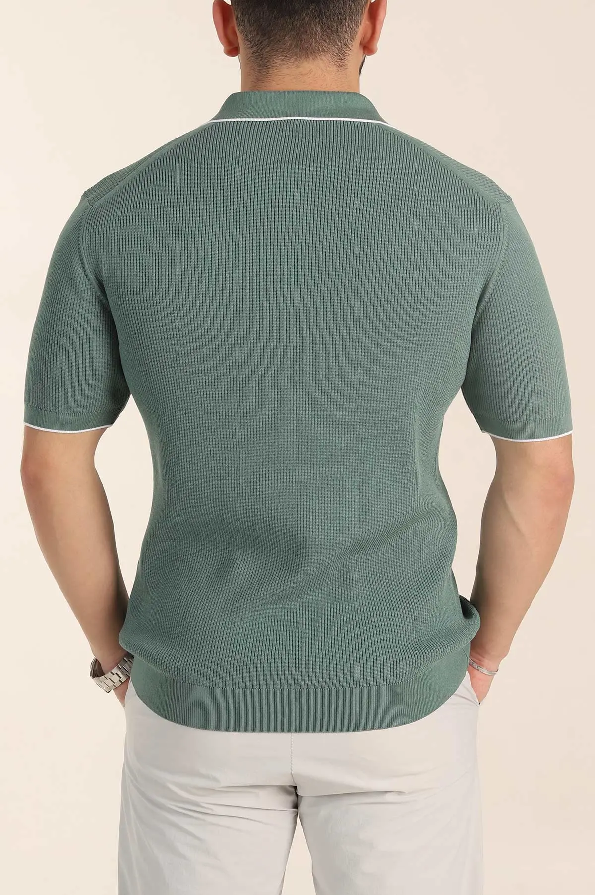 Su Yeşili Slim Fit Dokulu Fermuarlı Polo Yaka Kısa Kollu Erkek Triko Tişört 338620