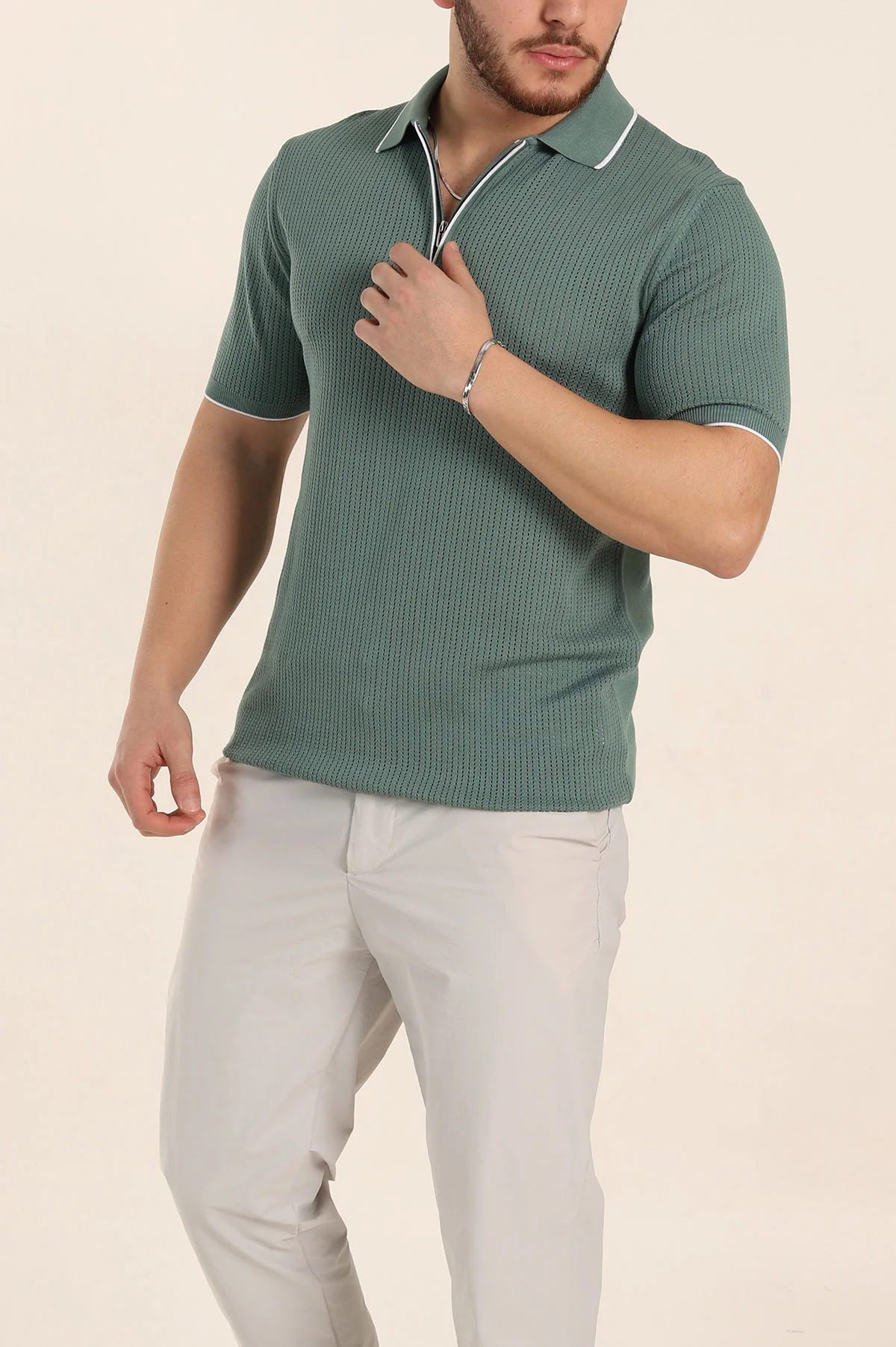 Su Yeşili Slim Fit Fermuarlı Polo Yaka Kısa Kollu Erkek Triko Tişört 338566