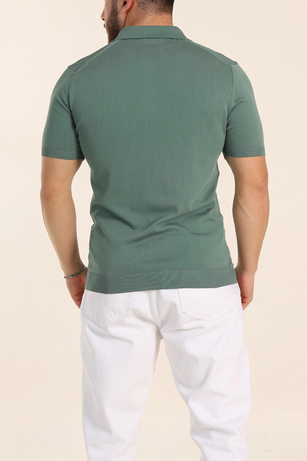 Su Yeşili Slim Fit Fermuarlı Polo Yaka Kısa Kollu Erkek Triko Tişört 338608