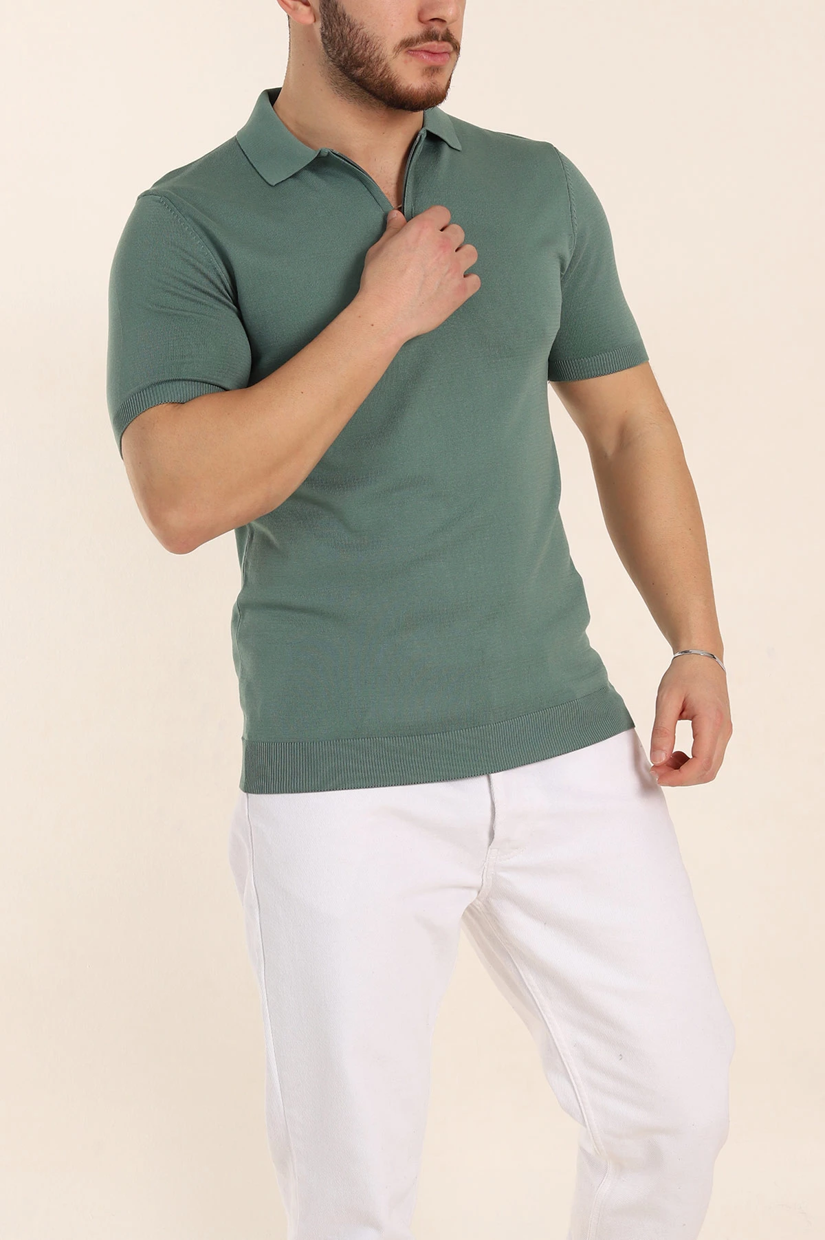Su Yeşili Slim Fit Fermuarlı Polo Yaka Kısa Kollu Erkek Triko Tişört 338608