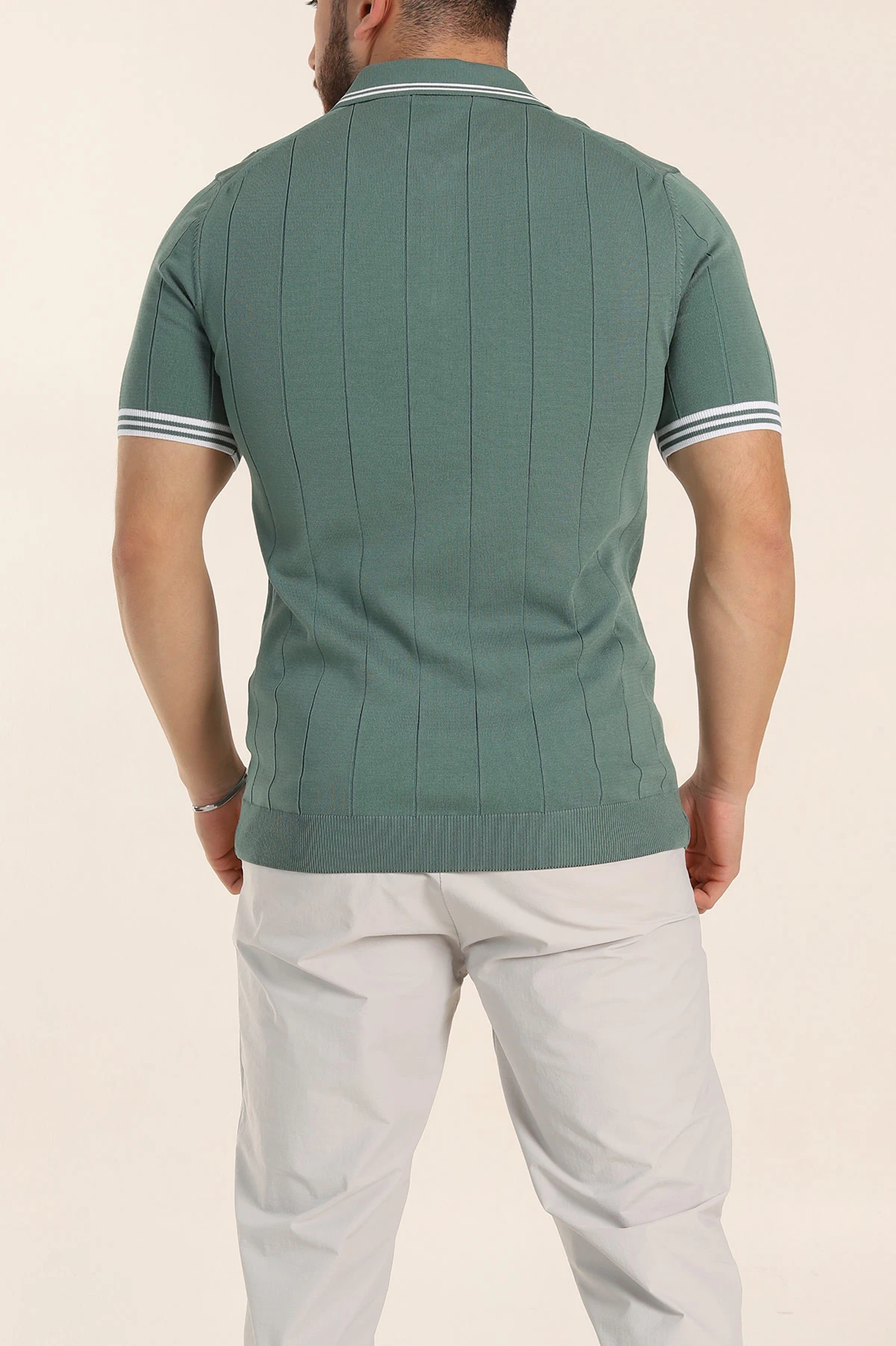 Su Yeşili Slim Fit Likralı Fermuarlı Polo Yaka Kısa Kollu Triko Tişört 338556