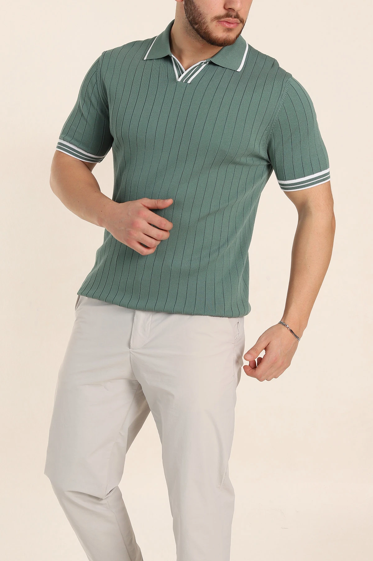 Su Yeşili Slim Fit Patlı Polo Yaka Kısa Kollu Erkek Triko Tişört 338584