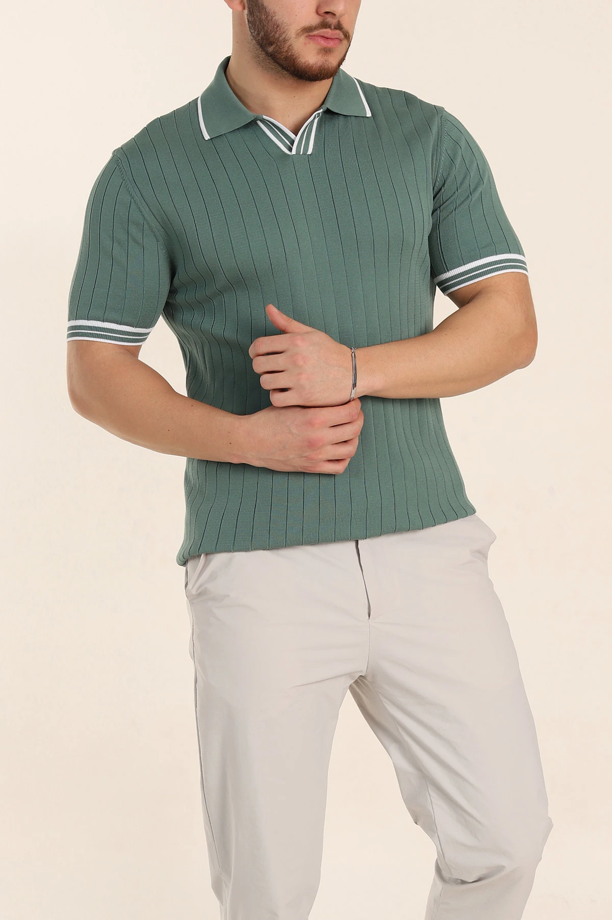 Su Yeşili Slim Fit Patlı Polo Yaka Kısa Kollu Erkek Triko Tişört 338584