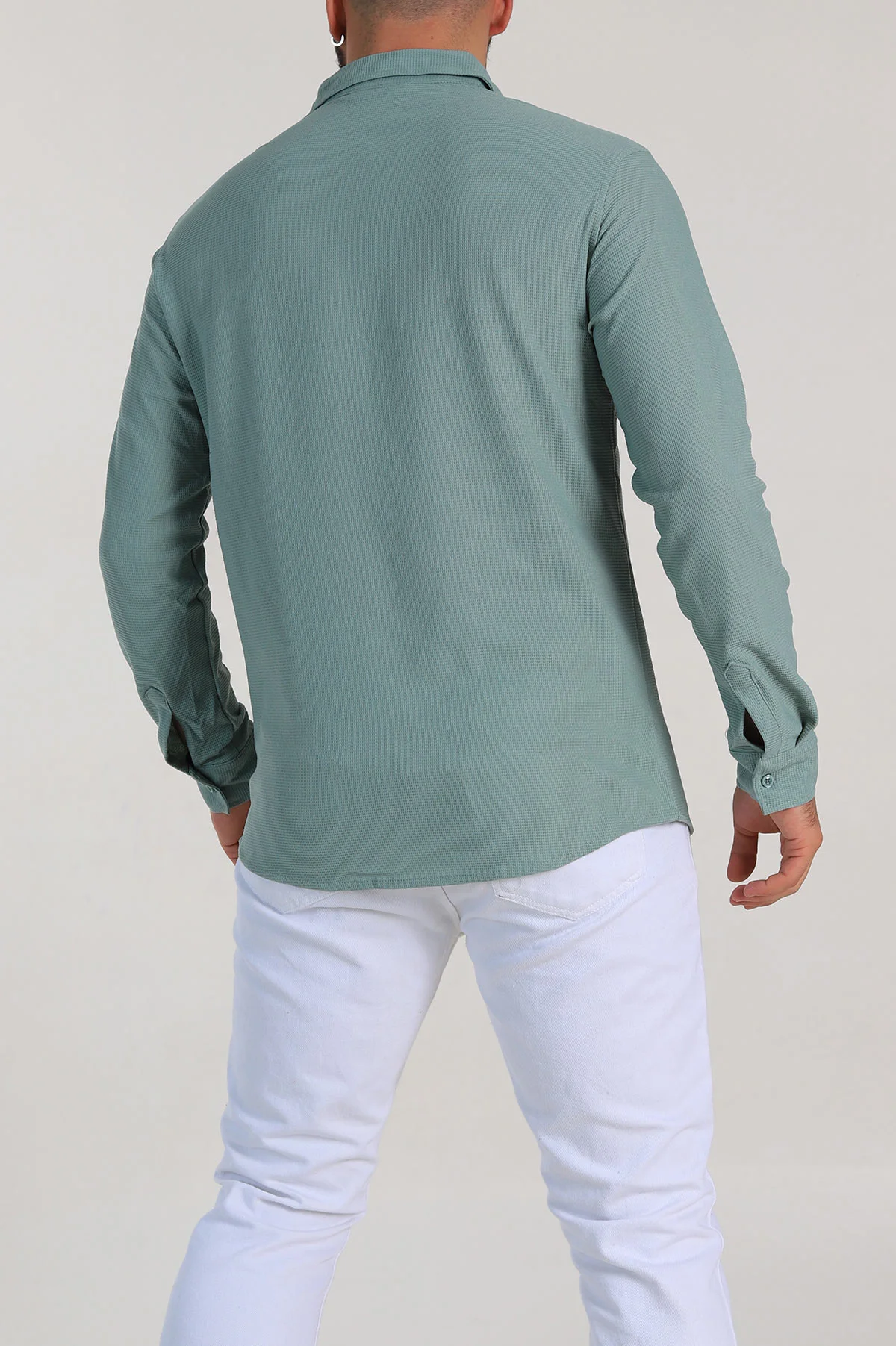 Su Yeşili Slim Fit Petek Dokulu Uzun Kollu Erkek Gömlek 325214