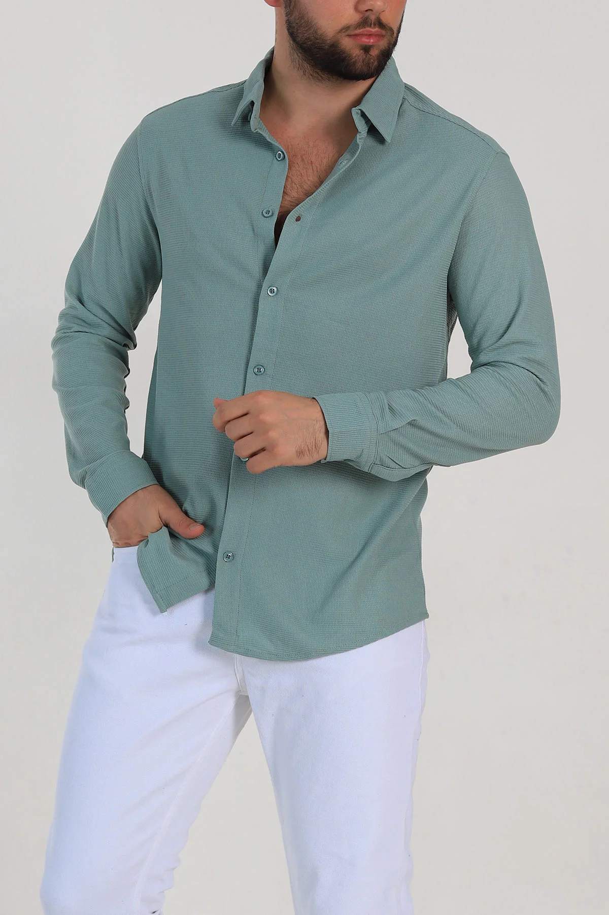 Su Yeşili Slim Fit Petek Dokulu Uzun Kollu Erkek Gömlek 325214