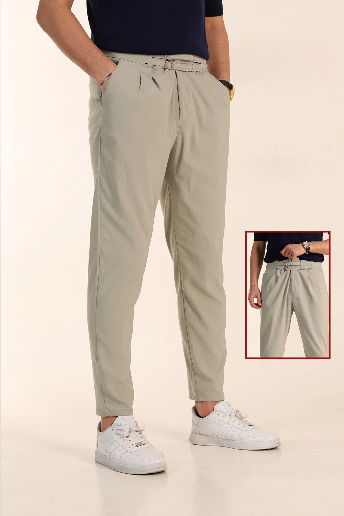 Su Yeşili Slim Fit Yüksel Bel Çift Kemer Detaylı Erkek Kumaş Pantolon 340850