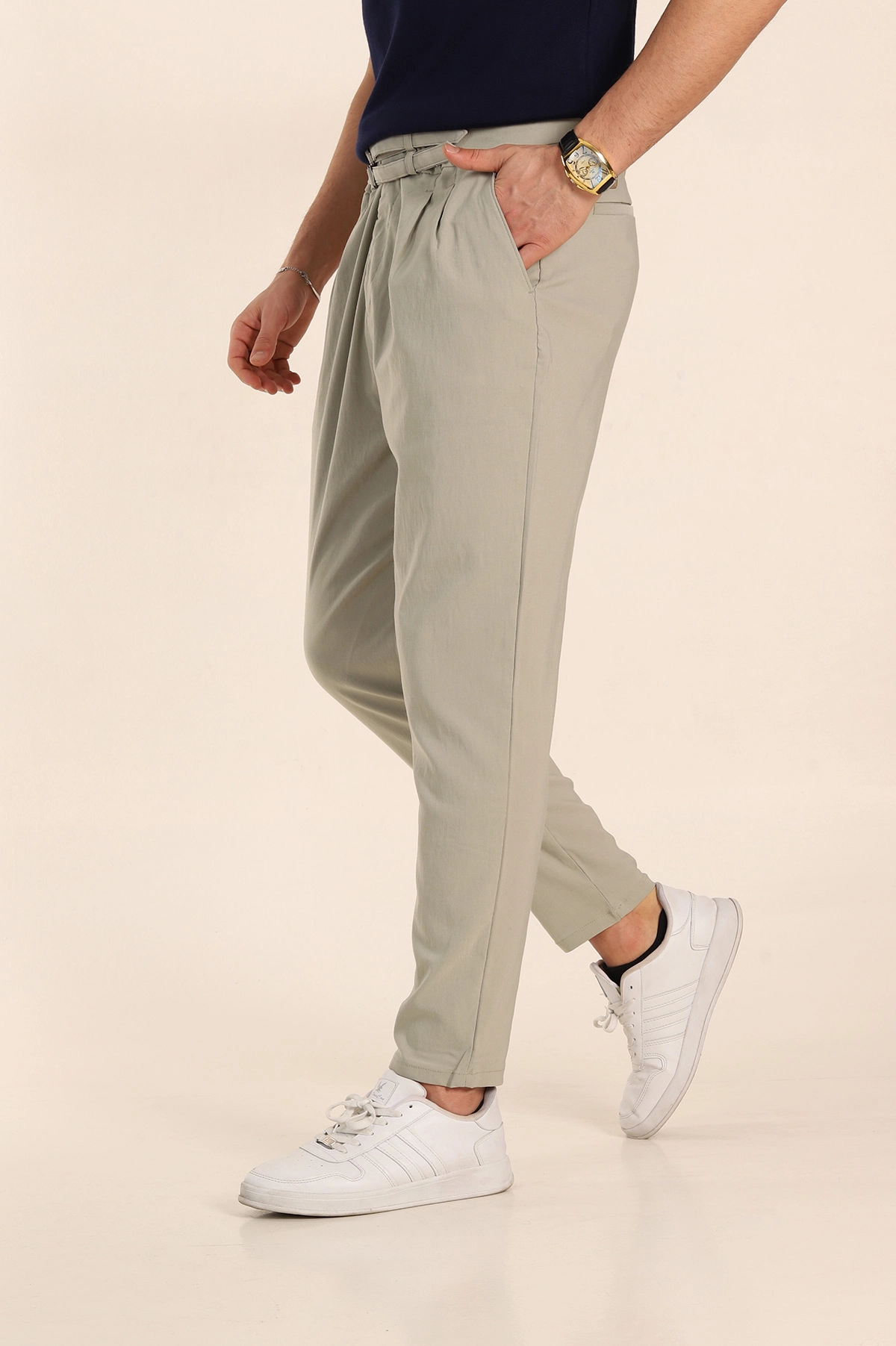 Su Yeşili Slim Fit Yüksel Bel Çift Kemer Detaylı Erkek Kumaş Pantolon 340850