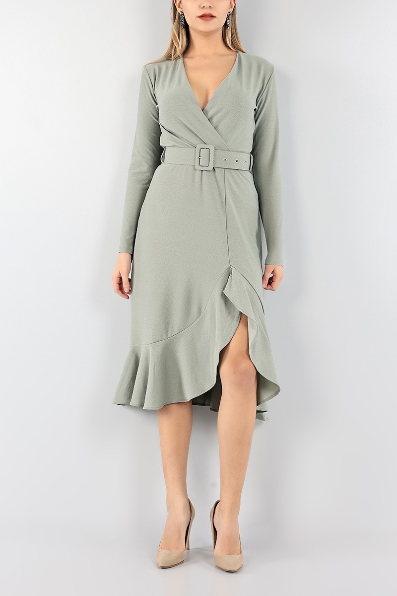 Su Yeşili Volanlı Kruvaze Elbise 96058