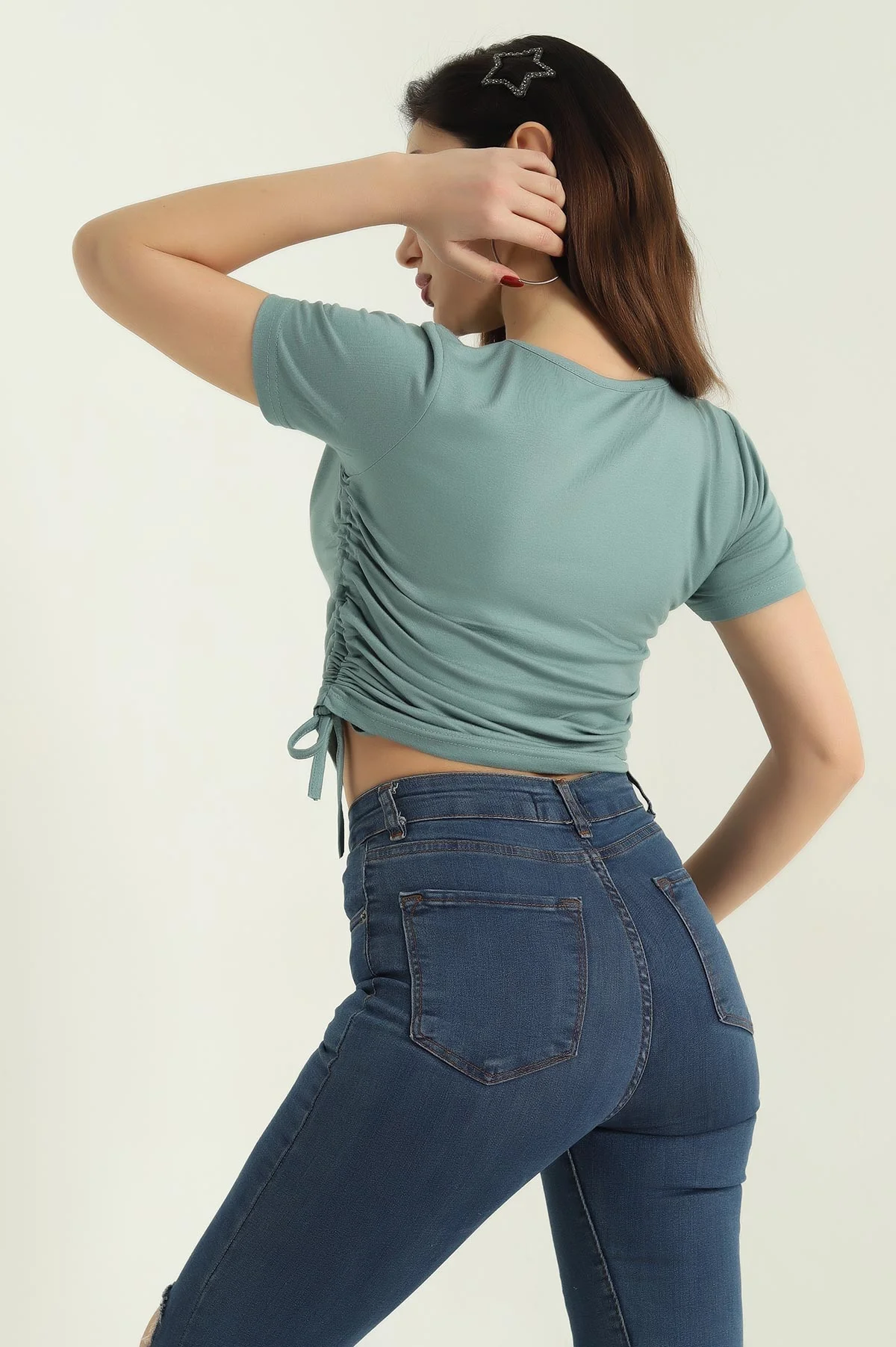 Su Yeşili Yan Büzgülü Bluz 335241