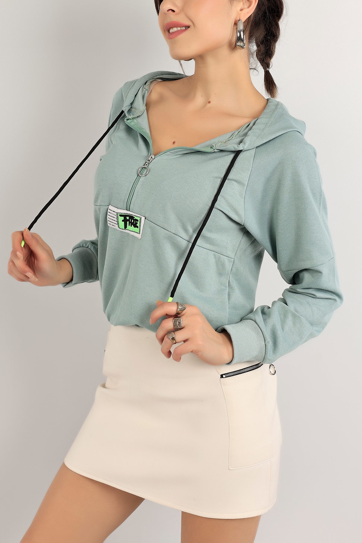 Su Yeşili Yarım Fermuarlı Beli Lastikli Sweat 140683