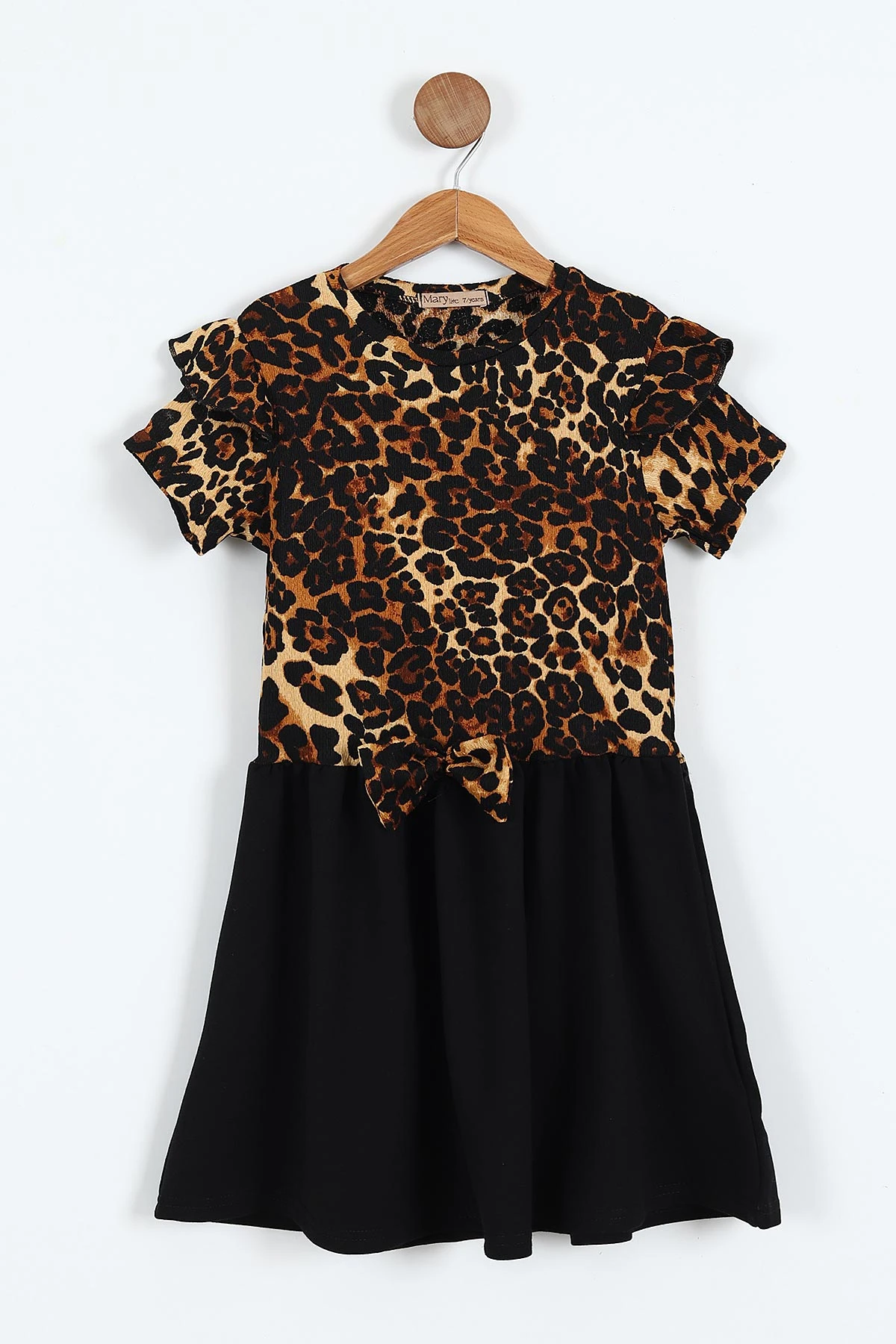Taba (2-10 Yaş) Kol Fırfırlı Leopar Desen Fiyonklu Bürümcük Kız Çocuk Elbise 342805