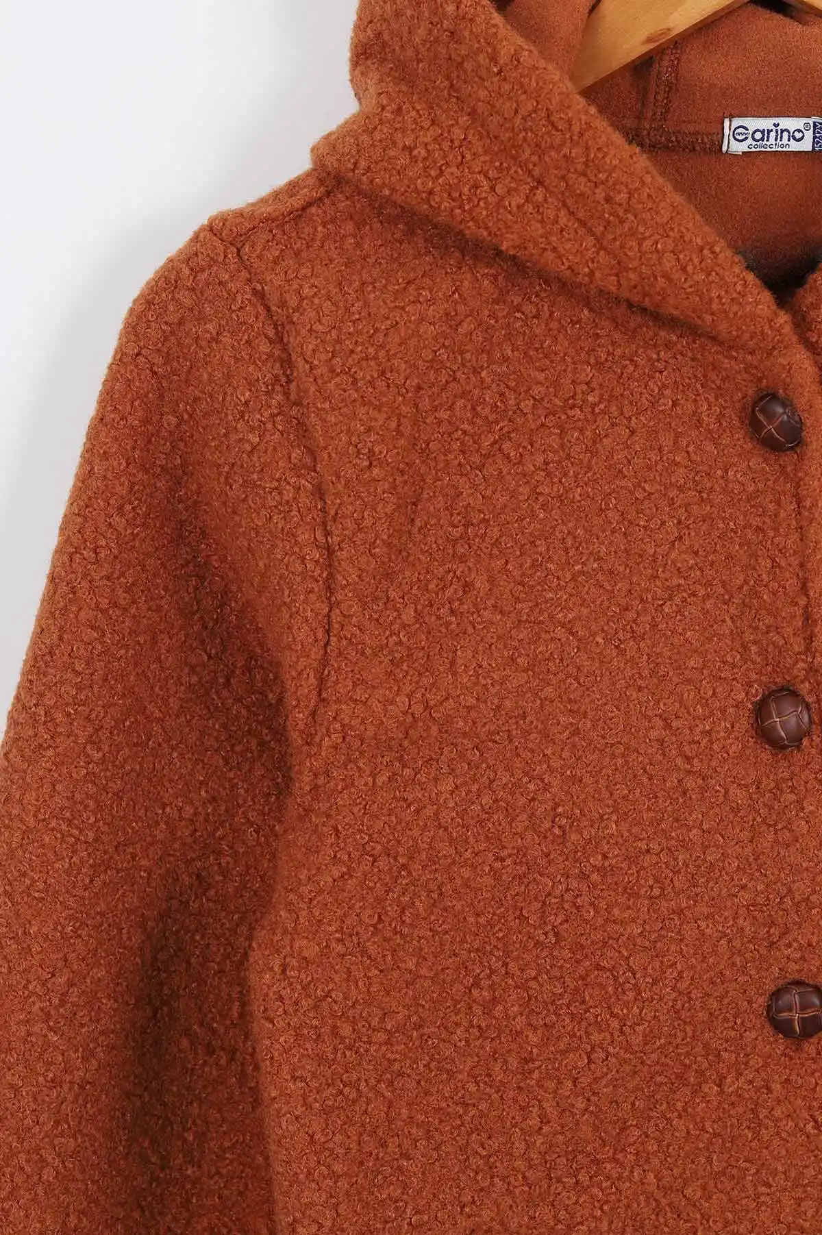 Taba (9-12 Yaş)Kapüşonlu Düğmeli Fileto Cepli Kuzu Kız Çocuk Mont 309791