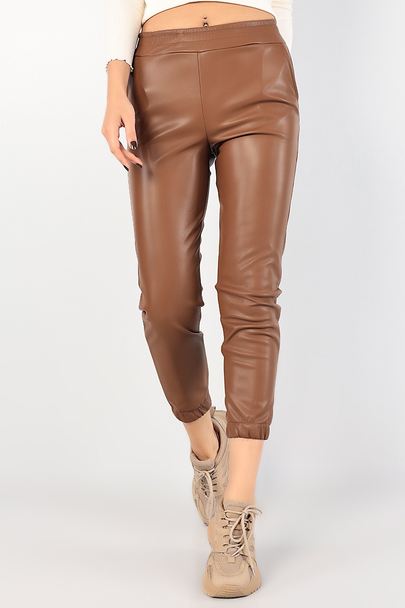 Taba Cepli Paça Lastikli Deri Pantolon 84537