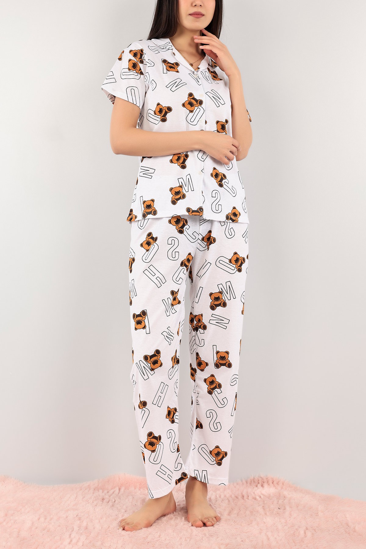 Taba Düğmeli Desenli Bayan Pijama Takımı 110197
