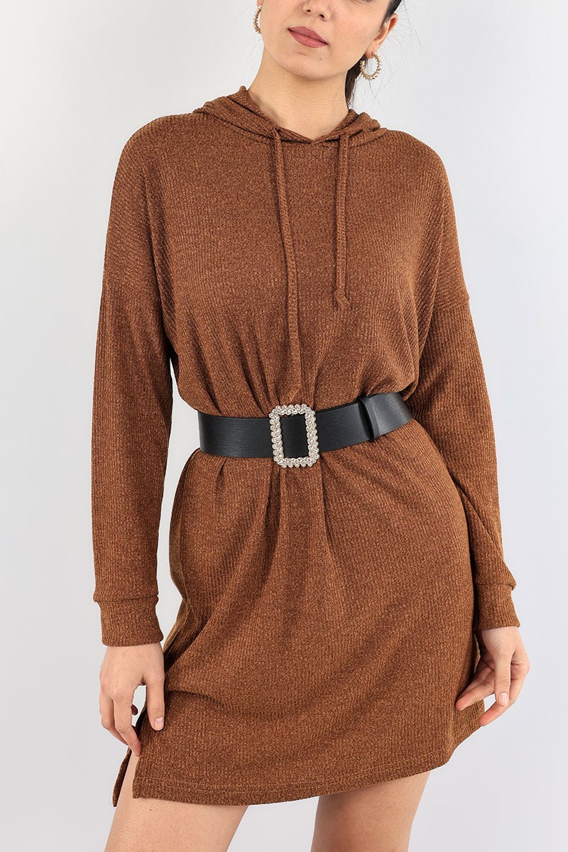 Taba Kapüşonlu Fitilli Elbise Tunik 91209