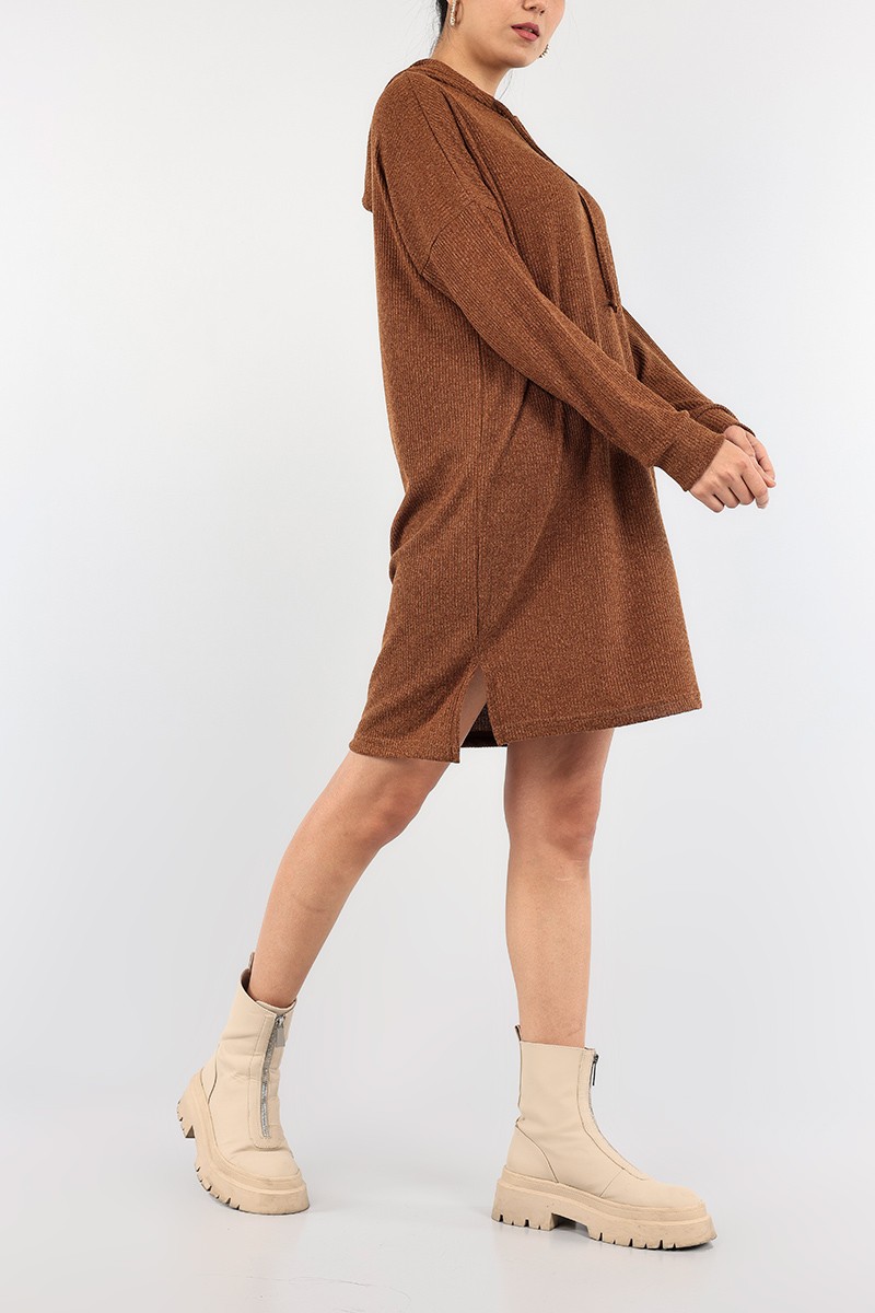 Taba Kapüşonlu Fitilli Elbise Tunik 91209