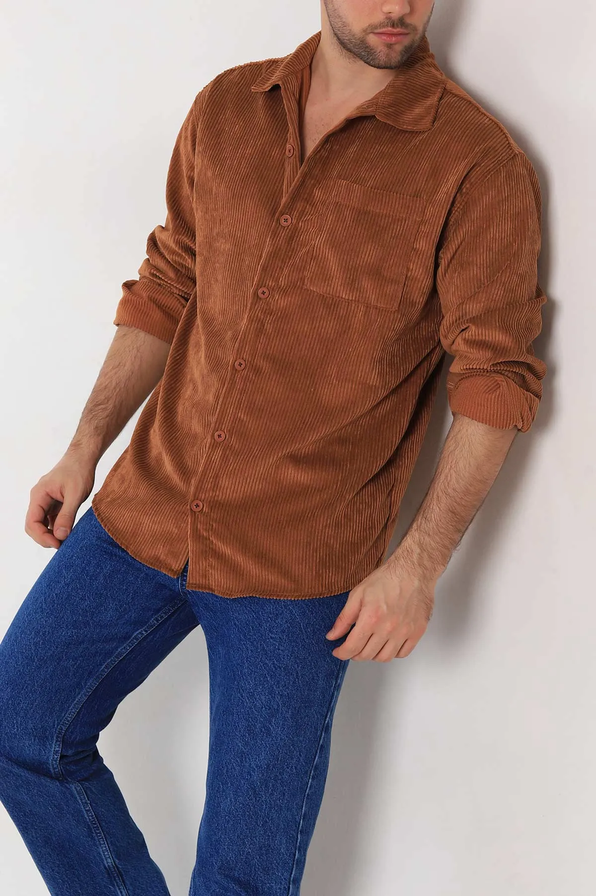 Taba Oversize Fitilli Kadife Cep Detaylı Erkek Gömlek 323860