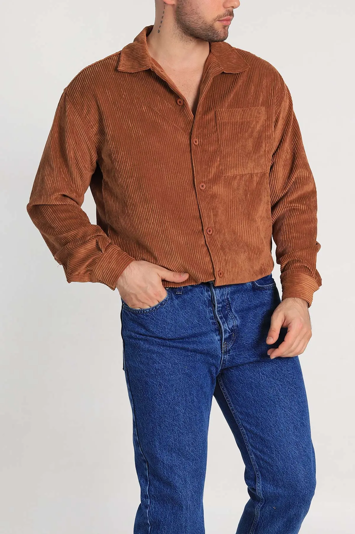 Taba Oversize Fitilli Kadife Cep Detaylı Erkek Gömlek 323860