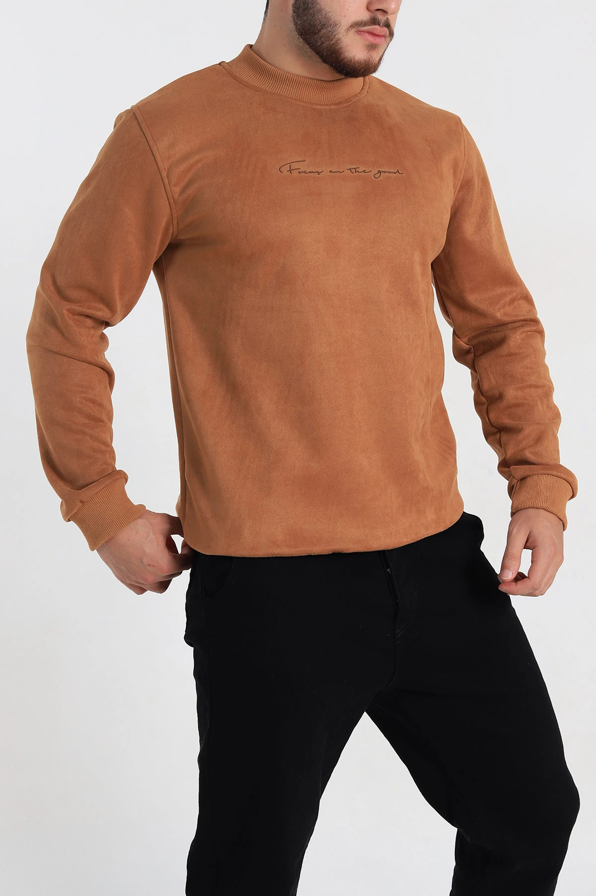 Taba Regular Fit Süet Kabartma Yazı Detaylı Erkek Sweatshirt 305896
