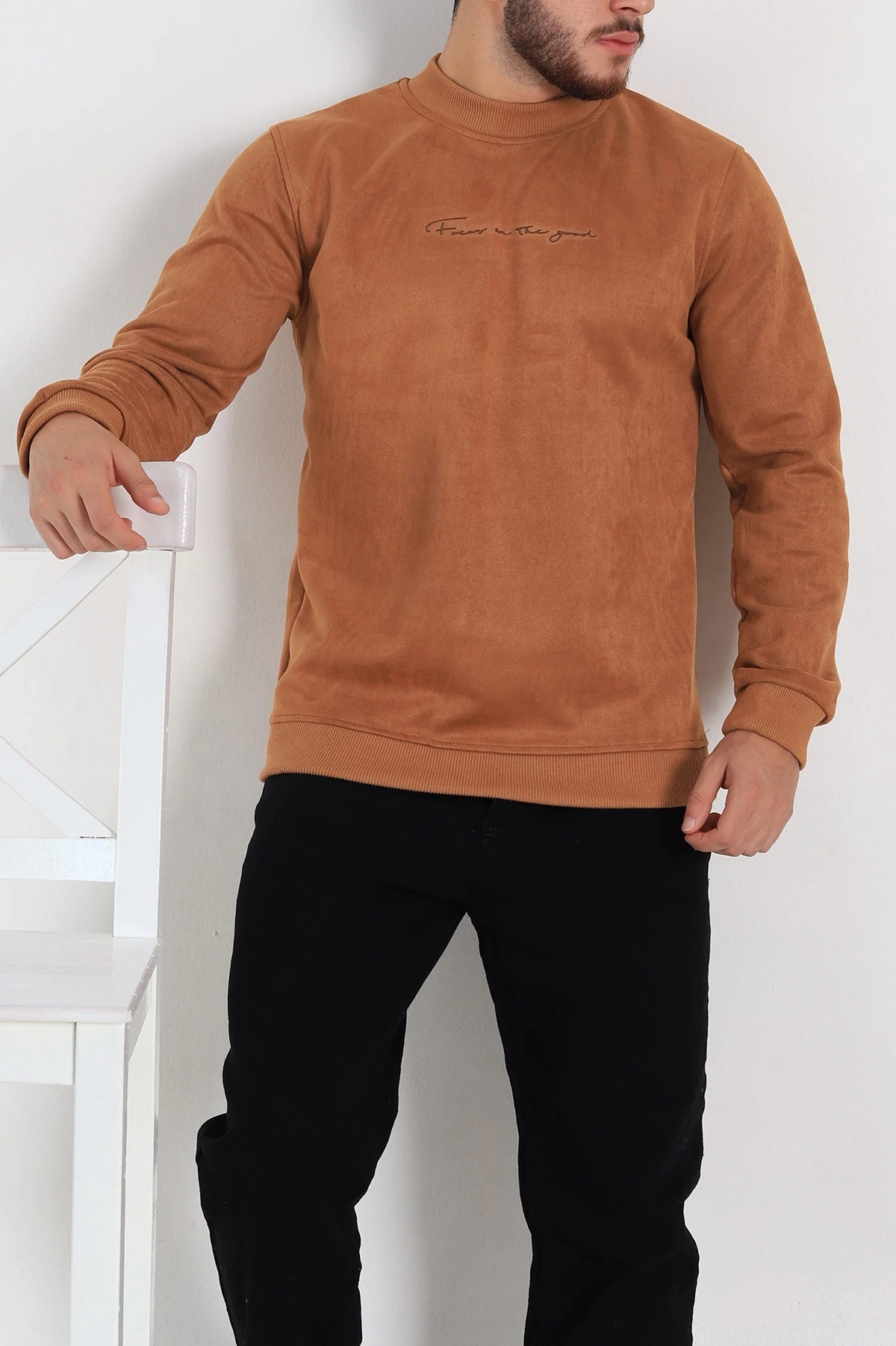 Taba Regular Fit Süet Kabartma Yazı Detaylı Erkek Sweatshirt 305896