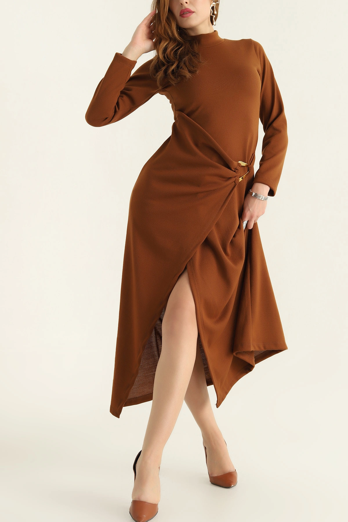 Taba Triko Yandan Tokalı Balıkçı Elbise 307528