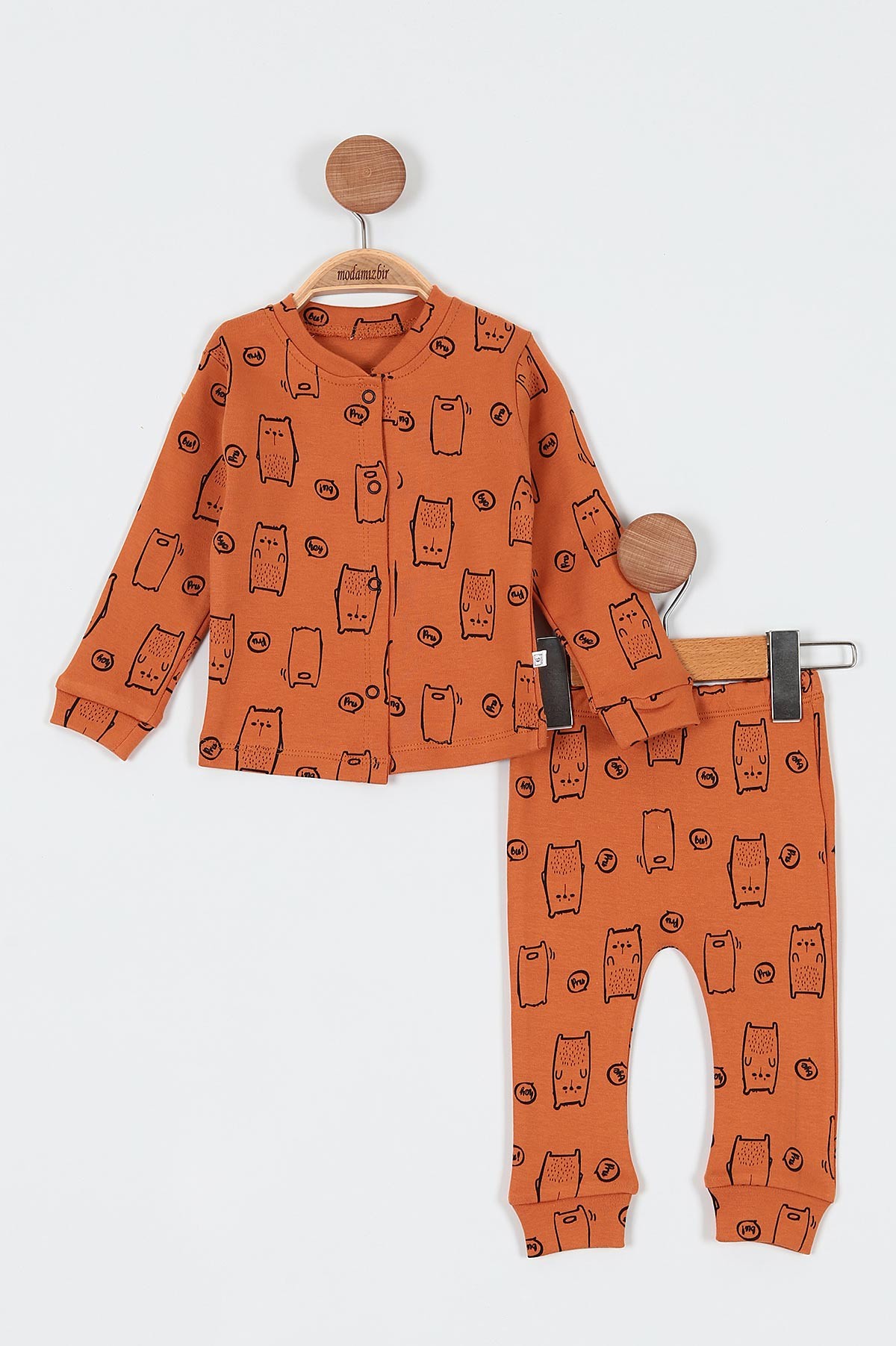 Tarçın (6-12 Ay) Kedi Baskılı Önü Çıtçıtlı Erkek Bebe Pijama Takım 196987