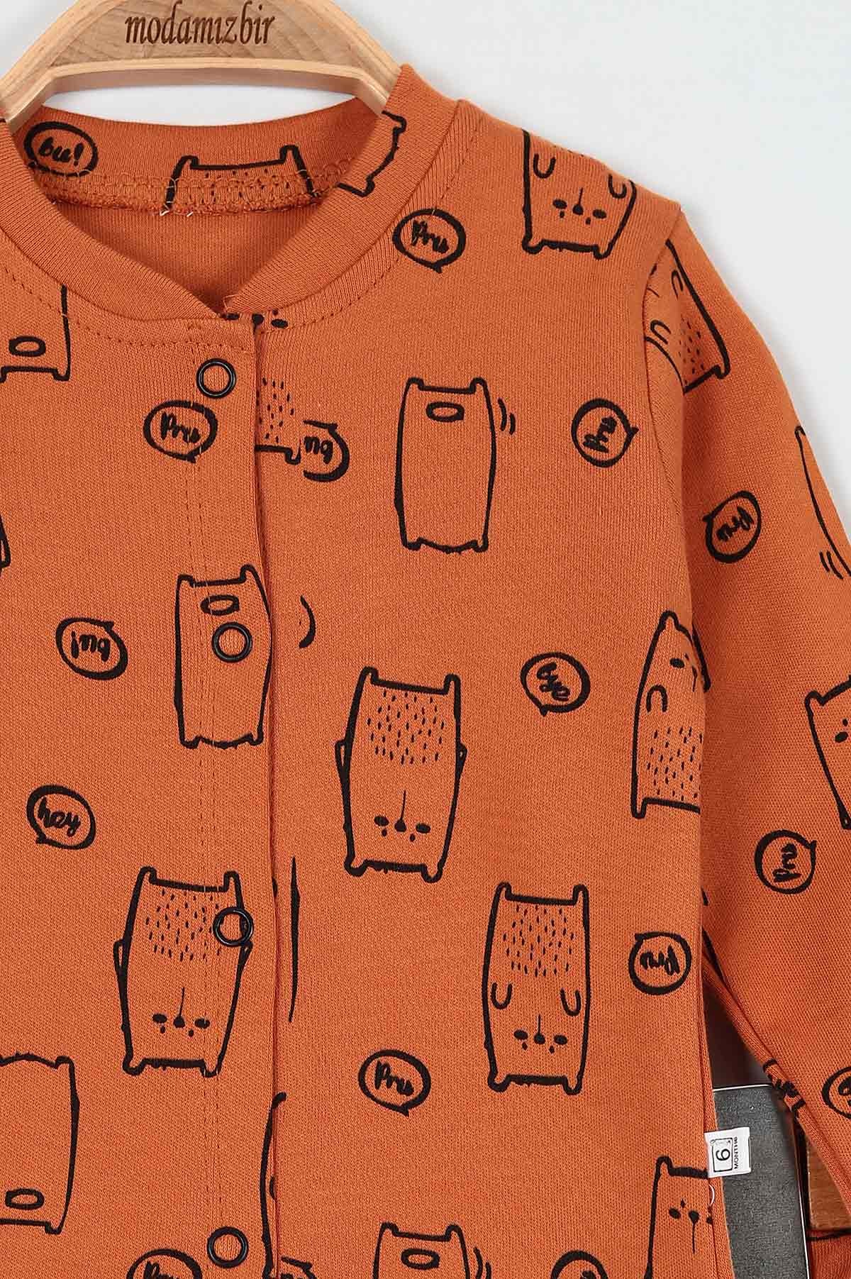 Tarçın (6-12 Ay) Kedi Baskılı Önü Çıtçıtlı Erkek Bebe Pijama Takım 196987