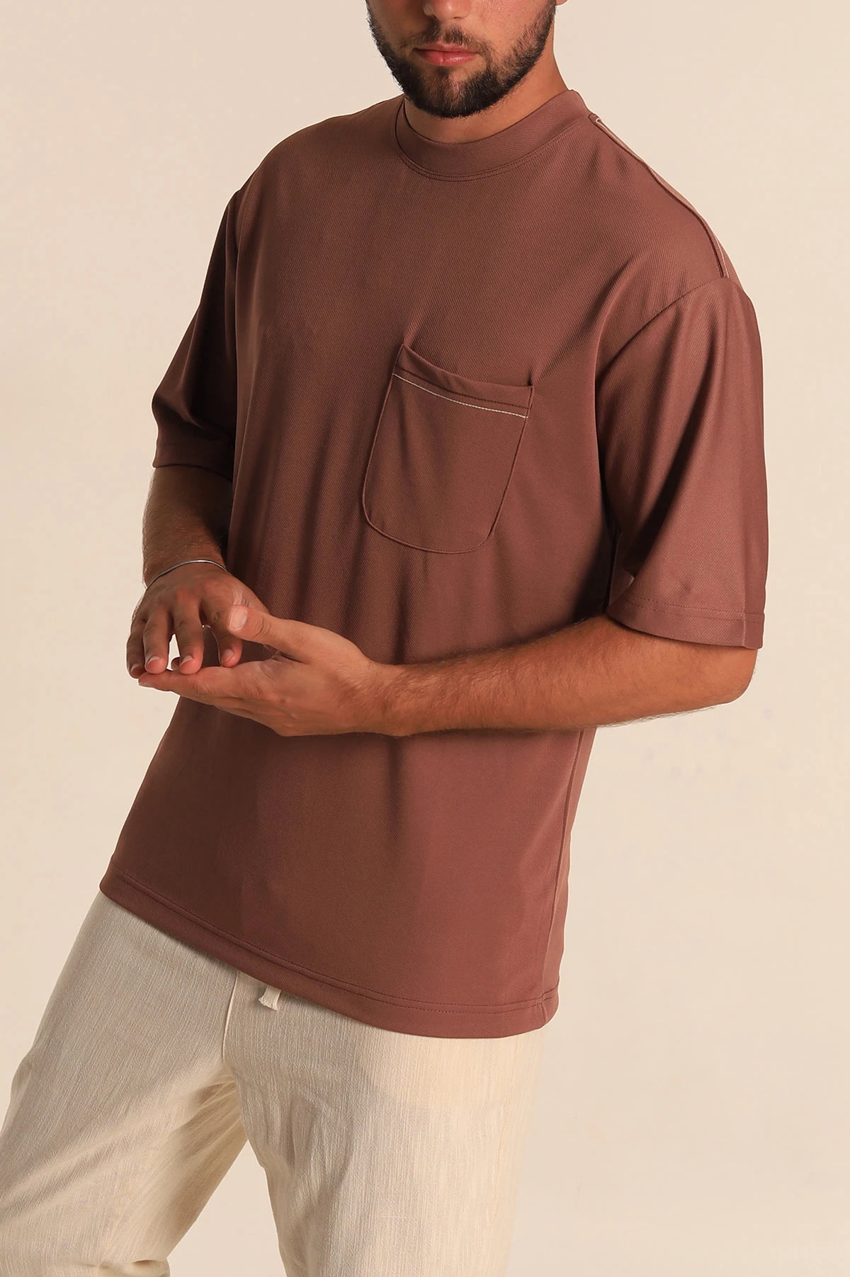 Tarçın Oversize Jakarlı Cep Detaylı Erkek Tişört 285765