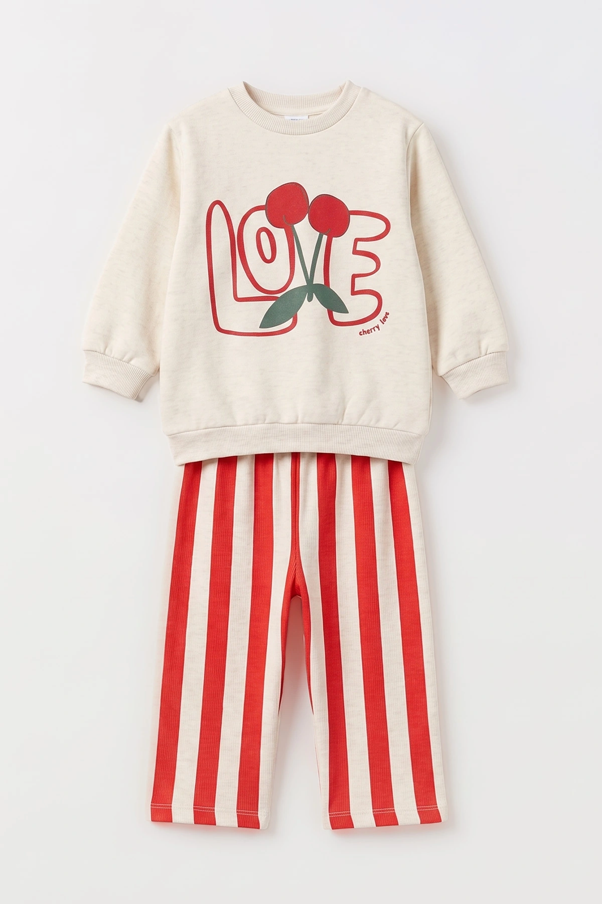 Taş (1-5 Yaş) Love Kiraz Baskılı Alt Çizgili 2 İp Şardonlu Kız Çocuk Takım 496167