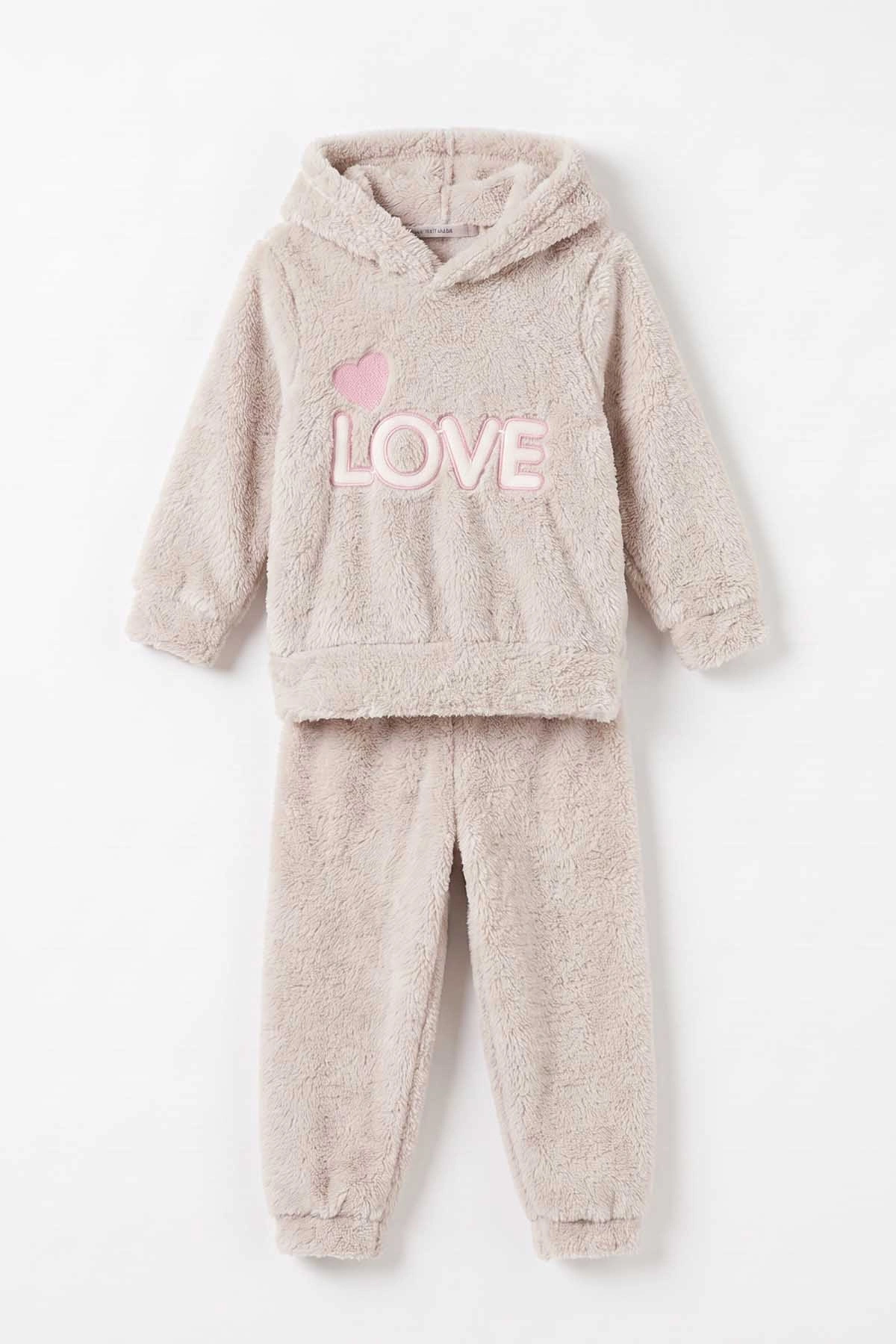 Taş (2-7 Yaş) Love Nakışlı Kapüşonlu Peluş Kız Çocuk Kışlık Takım 483212