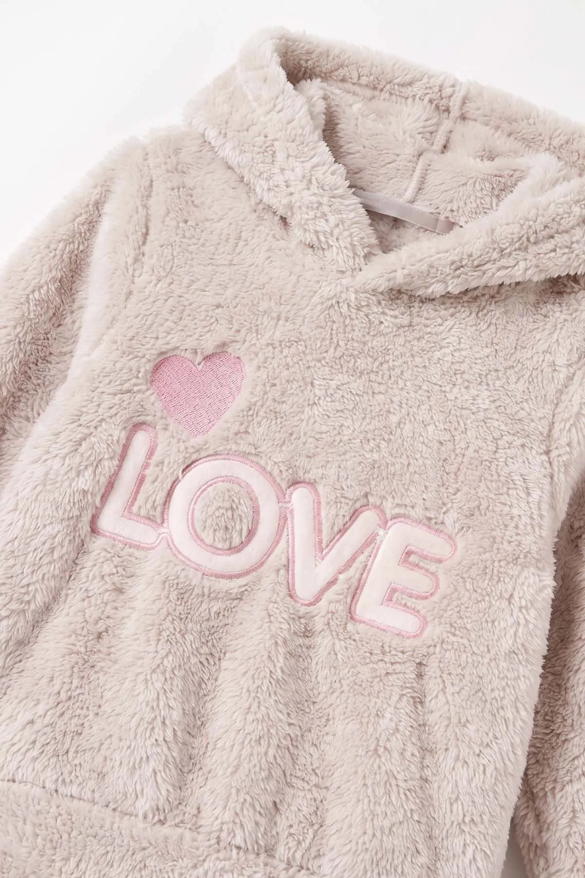 Taş (2-7 Yaş) Love Nakışlı Kapüşonlu Peluş Kız Çocuk Kışlık Takım 483212