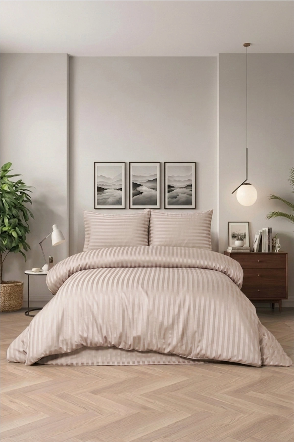 Taş 200x220 Cm Bella Home Çift Kişilik Çizgili Saten Nevresim Takımı 446783