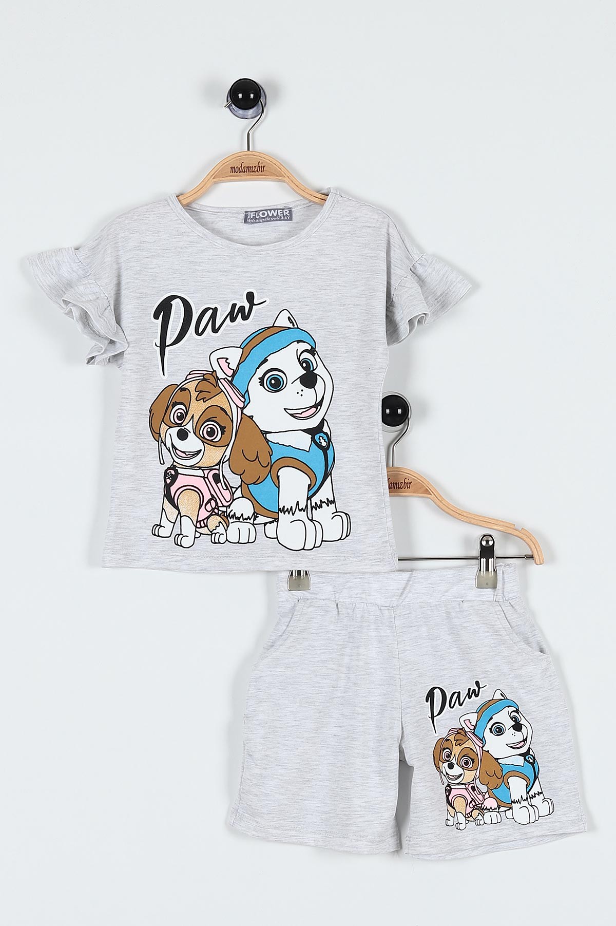 Taş (4-8 Yaş) Paw Köpek Baskılı Şortlu Kol Fırfırlı Kız Çocuk Takım 183551